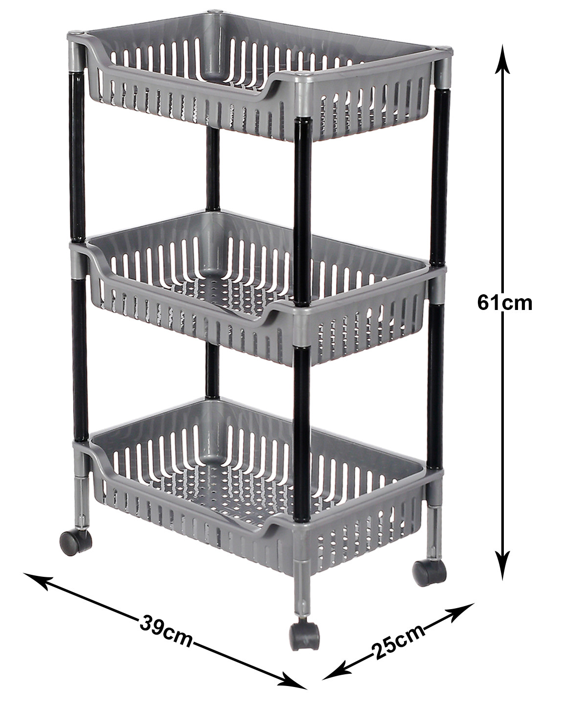 Kuber Industries Plastic 3-Tier Multi-Purpose Square Rolling Storage Cart Organizer Shelf Rack With Wheels (Grey) -46KM0561