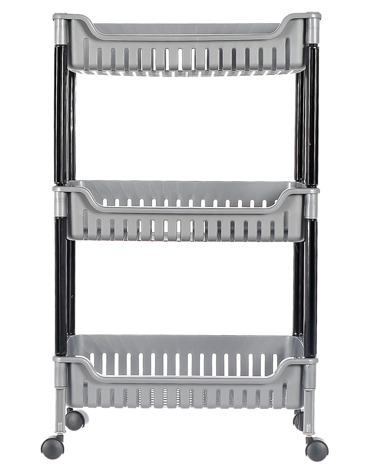 Kuber Industries Plastic 3-Tier Multi-Purpose Square Rolling Storage Cart Organizer Shelf Rack With Wheels (Grey) -46KM0561