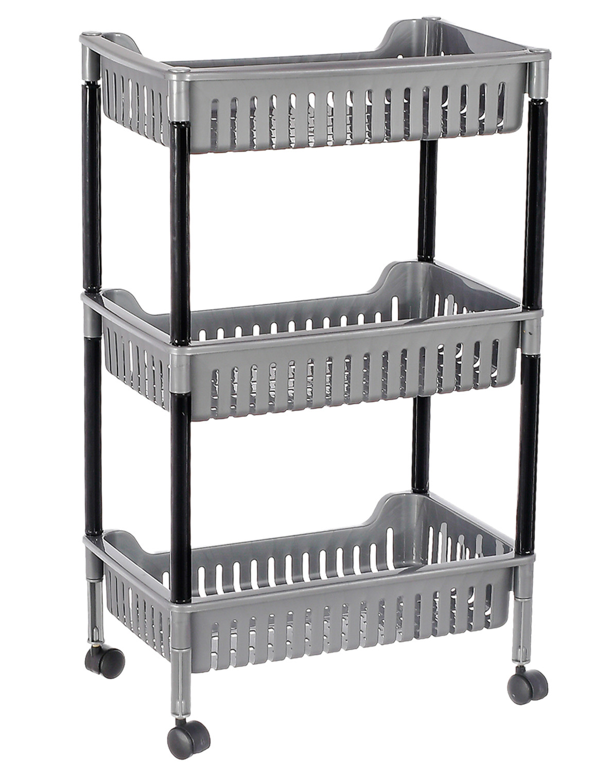 Kuber Industries Plastic 3-Tier Multi-Purpose Square Rolling Storage Cart Organizer Shelf Rack With Wheels (Grey) -46KM0561
