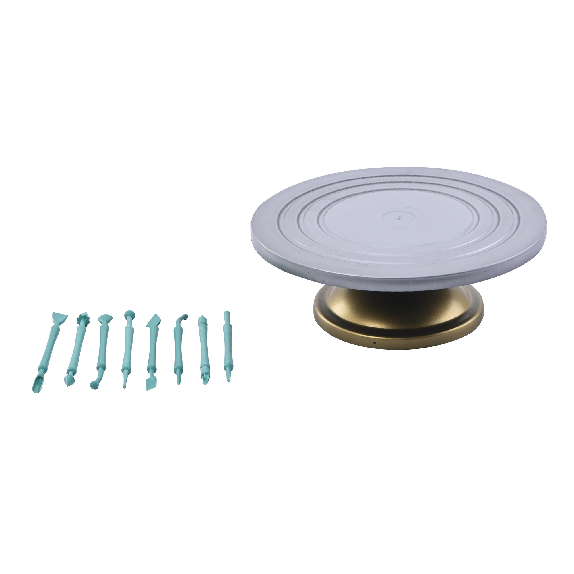 Kuber Industries Plastic 360 Smooth Rotating Cake Stand for Cake Cutting  Turn Table for Cake Frosting  Revolving Decorating Home  Kitchen Cake-Rotator with 8 Fondant Sticks  Silver  Gold