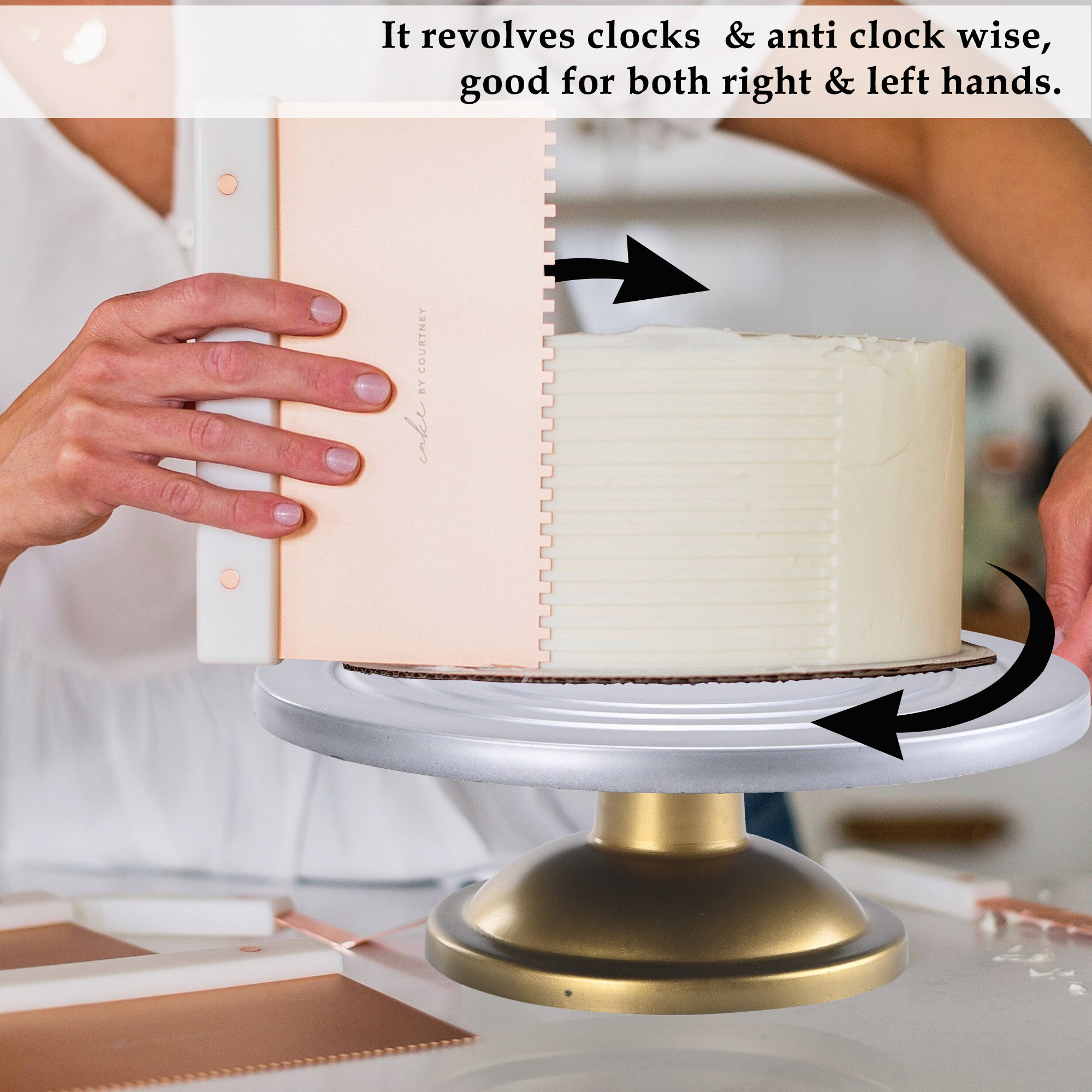 Kuber Industries Plastic 360 Smooth Rotating Cake Stand for Cake Cutting  Turn Table for Cake Frosting  Revolving Decorating Home  Kitchen Cake-Rotator with 8 Fondant Sticks  Silver  Gold