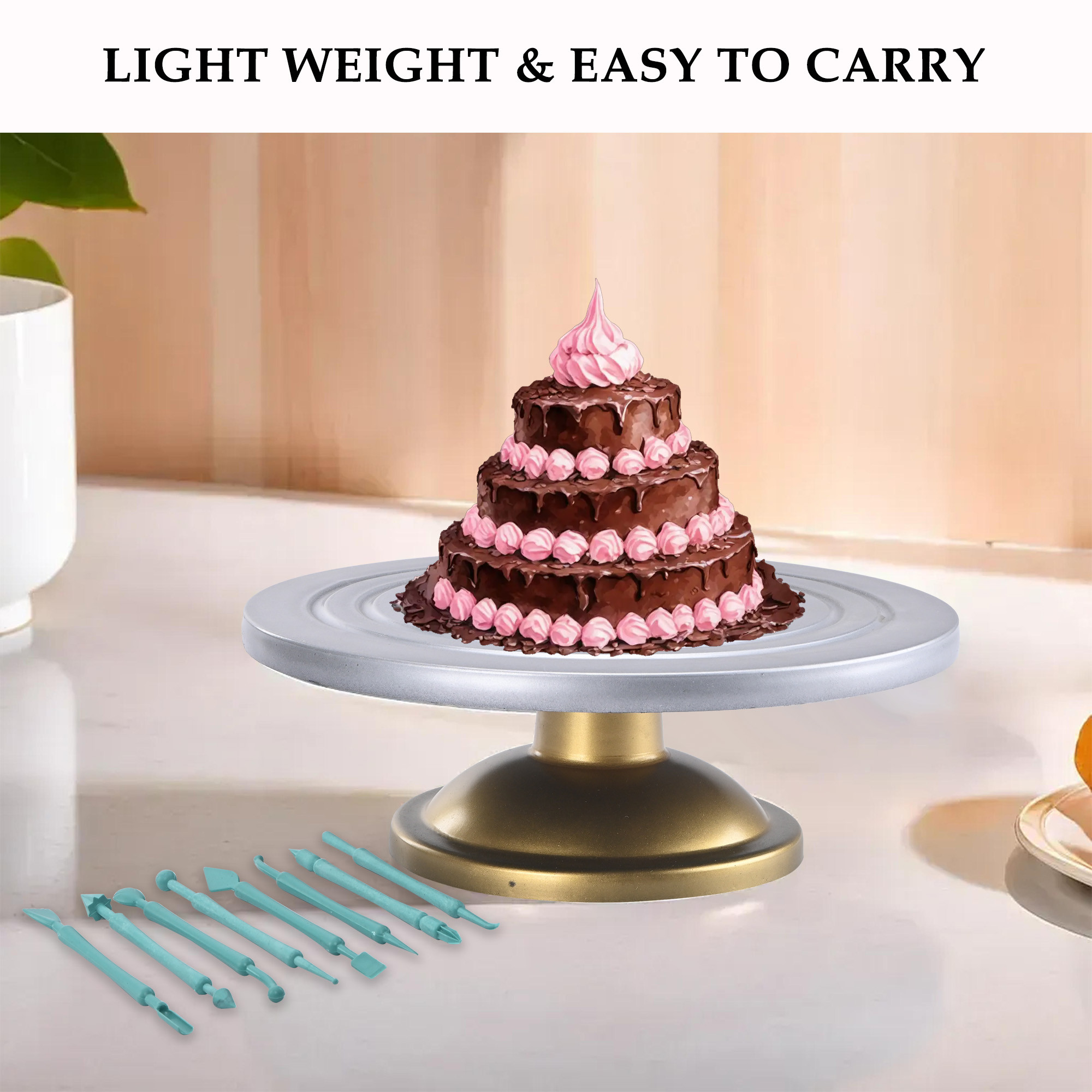 Kuber Industries Plastic 360 Smooth Rotating Cake Stand for Cake Cutting  Turn Table for Cake Frosting  Revolving Decorating Home  Kitchen Cake-Rotator with 8 Fondant Sticks  Silver  Gold