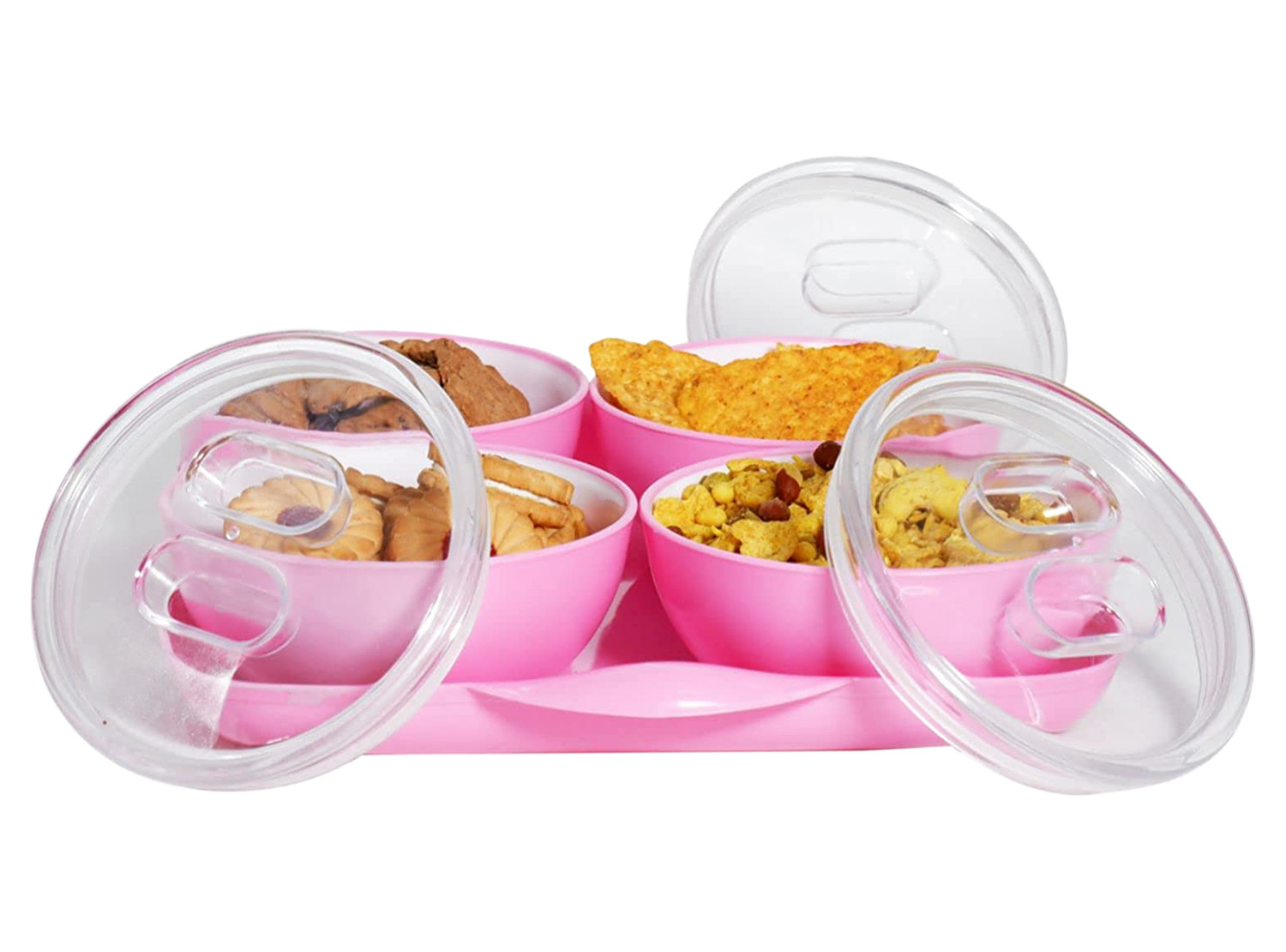 Kuber Industries Plastic 4 Bowls & 1 Square Tray Set For Serving & Store Dry Fruits, candies, Snacks With Silicon Rubberized Ring Lid (Pink)