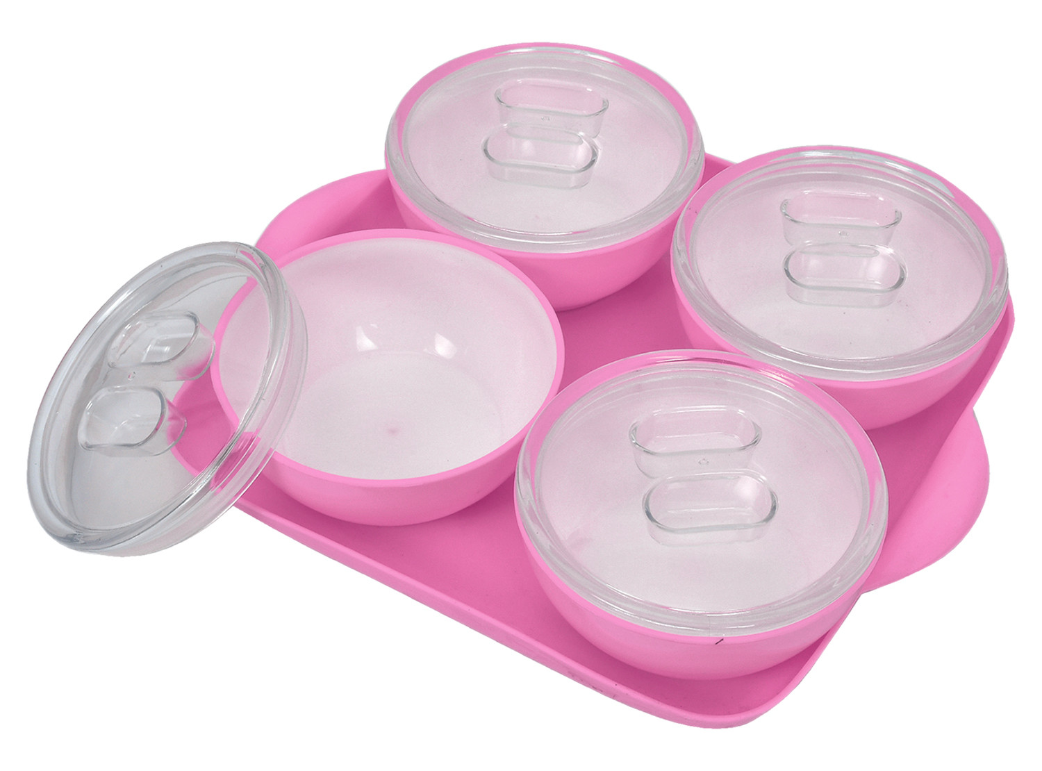 Kuber Industries Plastic 4 Bowls & 1 Square Tray Set For Serving & Store Dry Fruits, candies, Snacks With Silicon Rubberized Ring Lid (Pink)