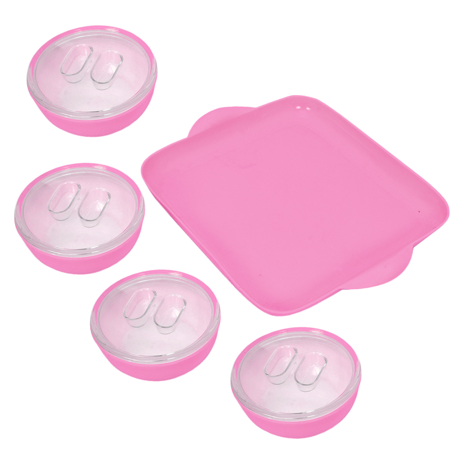 Kuber Industries Plastic 4 Bowls & 1 Square Tray Set For Serving & Store Dry Fruits, candies, Snacks With Silicon Rubberized Ring Lid (Pink)