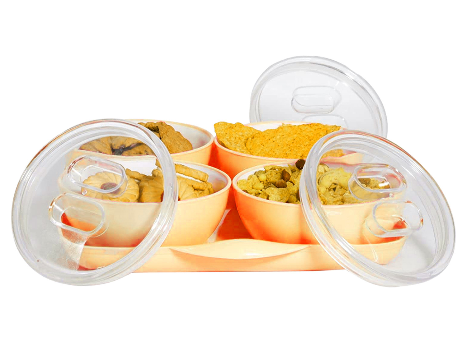 Kuber Industries Plastic 4 Bowls & 1 Square Tray Set For Serving & Store Dry Fruits, candies, Snacks With Silicon Rubberized Ring Lid (Autumn Orange)