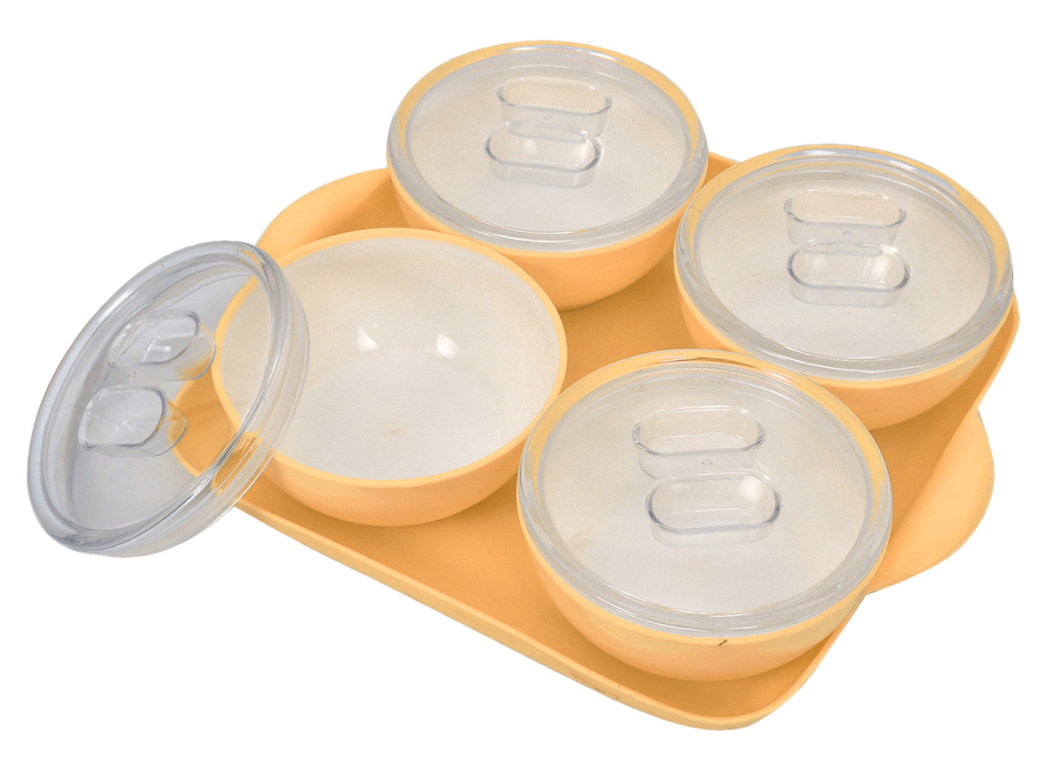Kuber Industries Plastic 4 Bowls & 1 Square Tray Set For Serving & Store Dry Fruits, candies, Snacks With Silicon Rubberized Ring Lid (Autumn Orange)