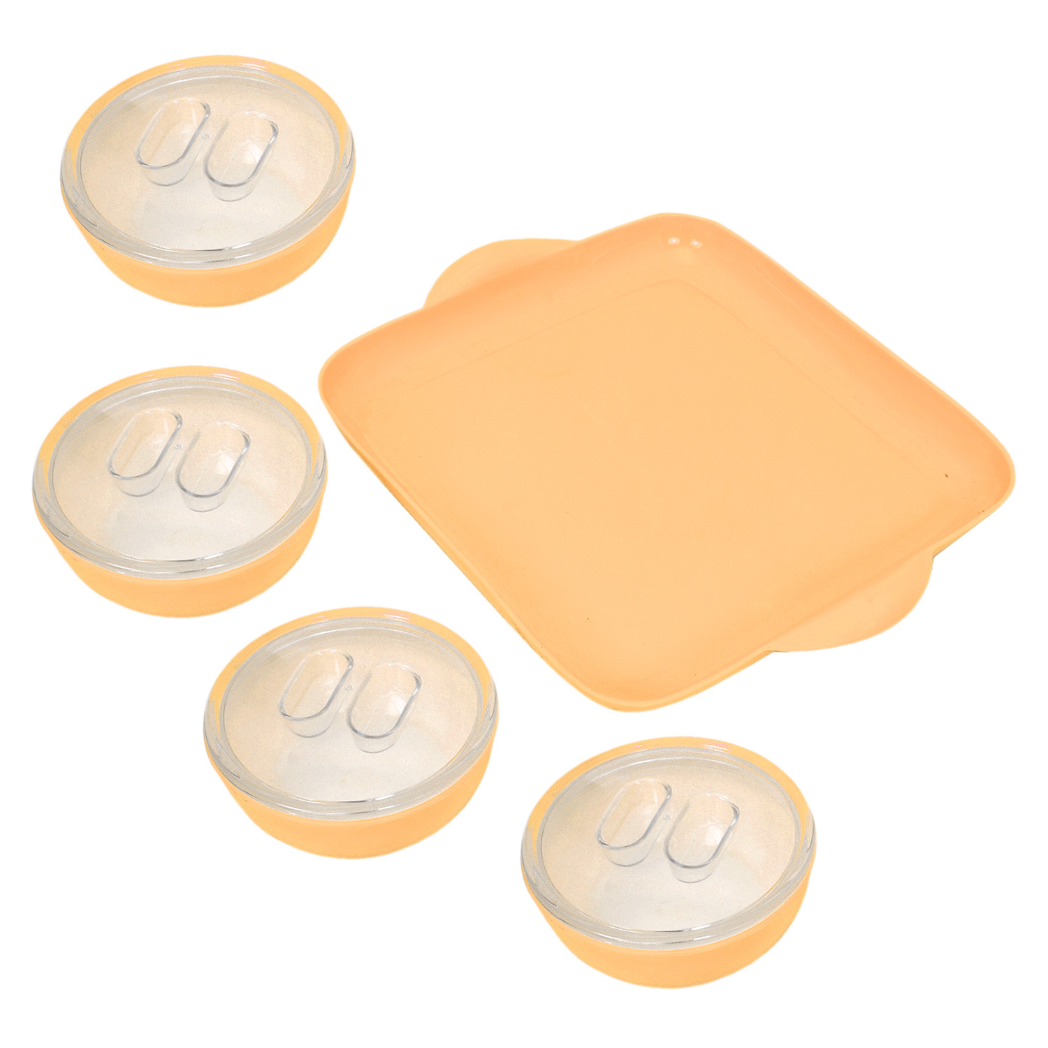 Kuber Industries Plastic 4 Bowls & 1 Square Tray Set For Serving & Store Dry Fruits, candies, Snacks With Silicon Rubberized Ring Lid (Autumn Orange)