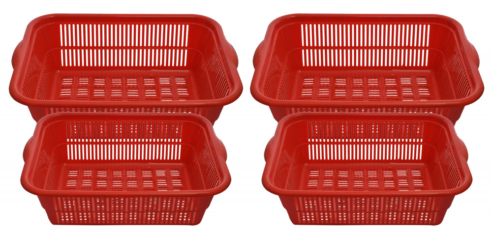 Kuber Industries Plastic 4 Pieces Kitchen Small &amp; Medium Size Dish Rack Drainer Vegetables And Fruits Washing Basket Dish Rack Multipurpose Organizers (Red)-KUBMART818