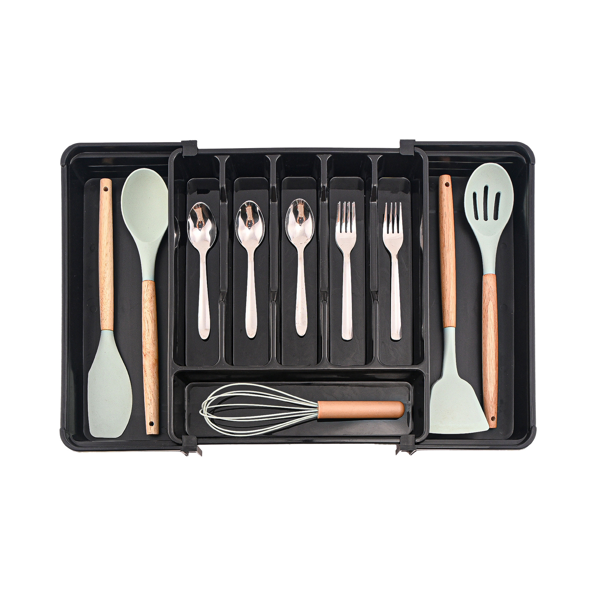 Kuber Industries Plastic 8 Compartments  Utensils Drawer Organizer Extendable Cutlery Tray for Spoons Forks  Knife  Black
