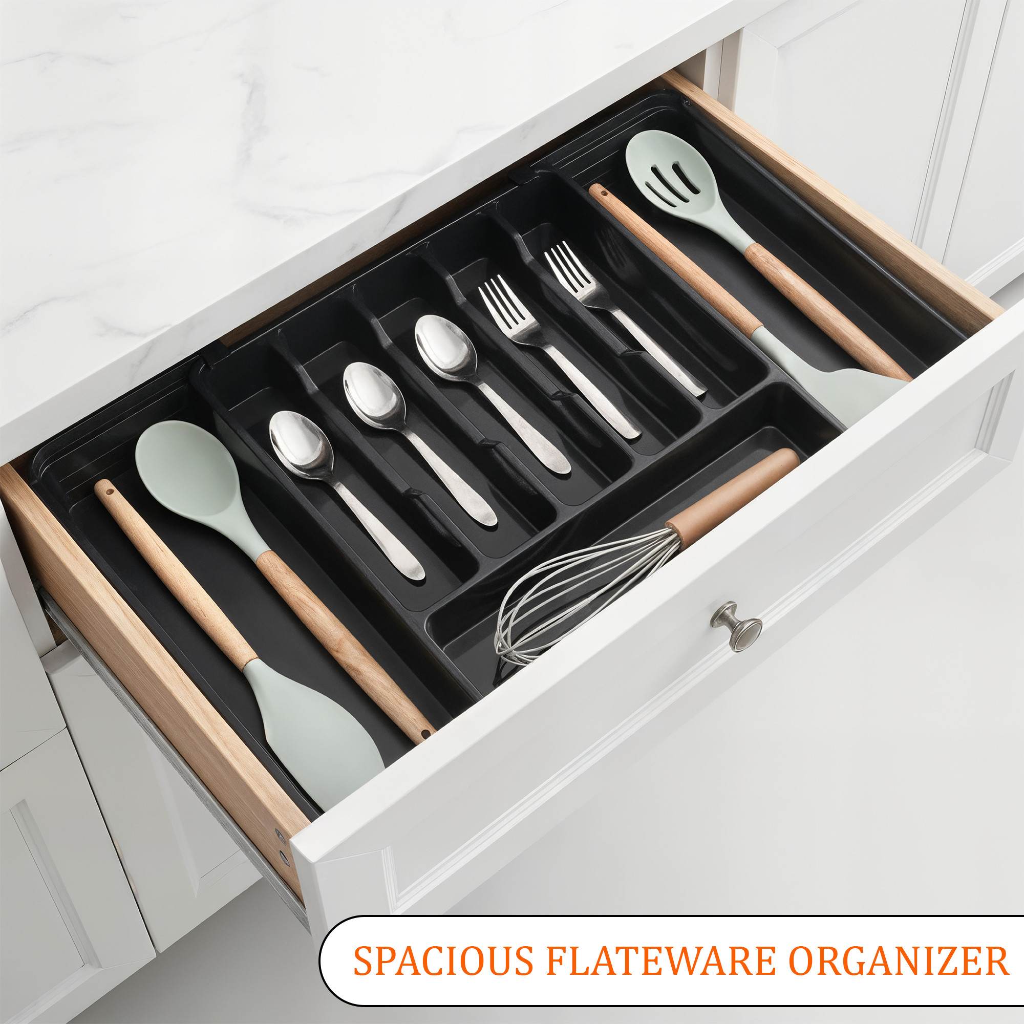 Kuber Industries Plastic 8 Compartments  Utensils Drawer Organizer Extendable Cutlery Tray for Spoons Forks  Knife  Black