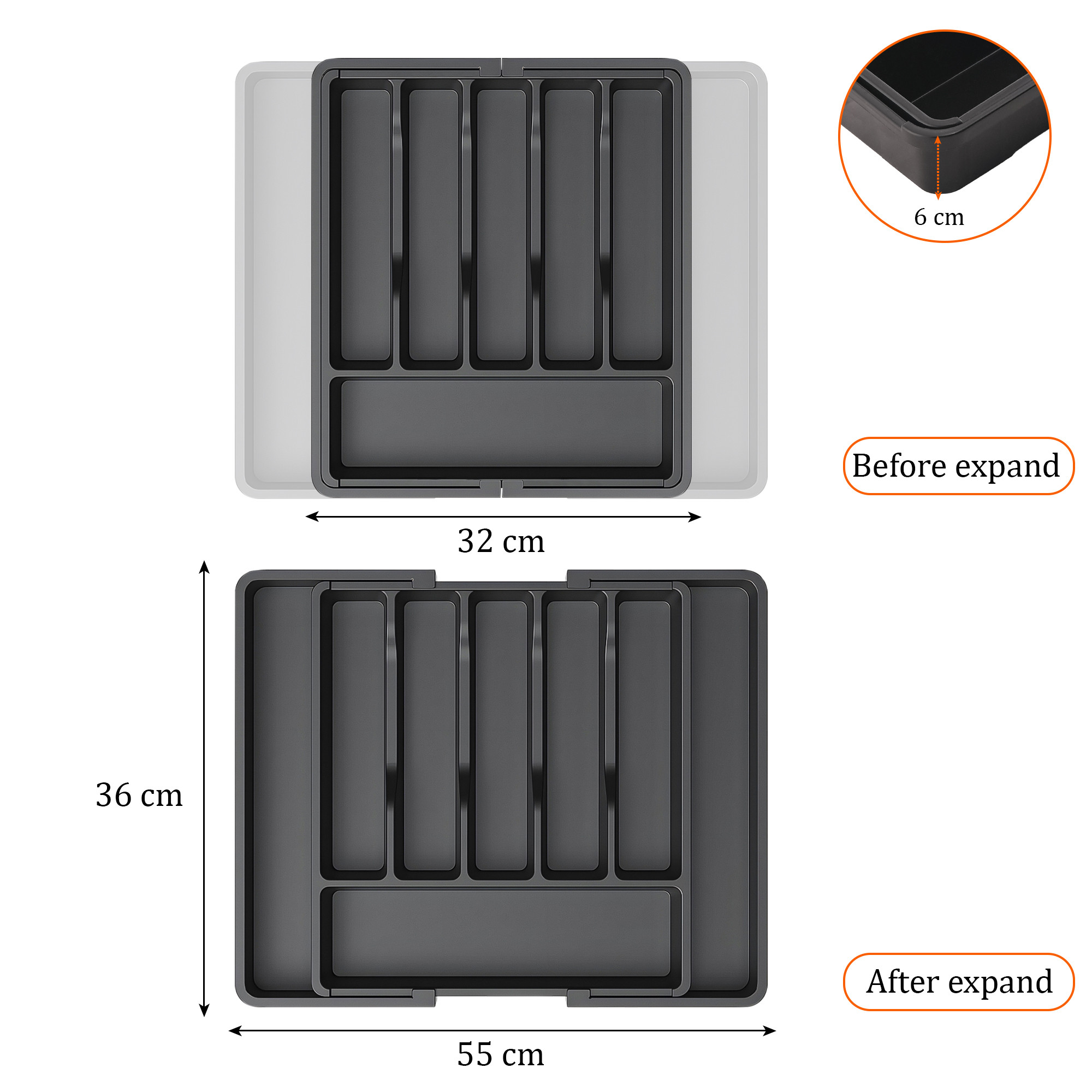Kuber Industries Plastic 8 Compartments  Utensils Drawer Organizer Extendable Cutlery Tray for Spoons Forks  Knife  Black