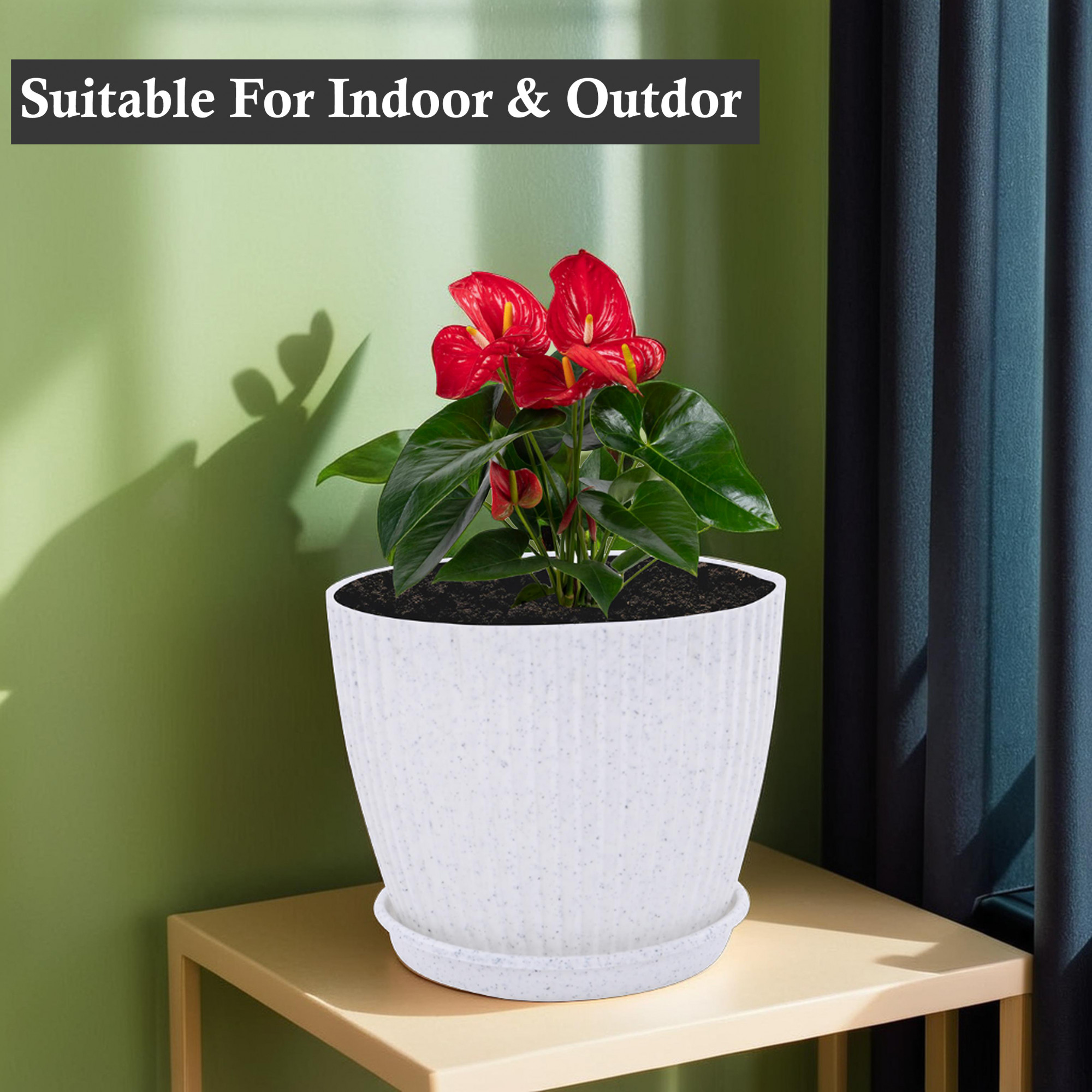 Kuber Industries Plastic 8 Inch Pots for Plants with Tray  Planters for Home Decor Living Room and Office  Indoor and Outdoor Flower Pots for Balcony and Terrace  Marble Mega - White