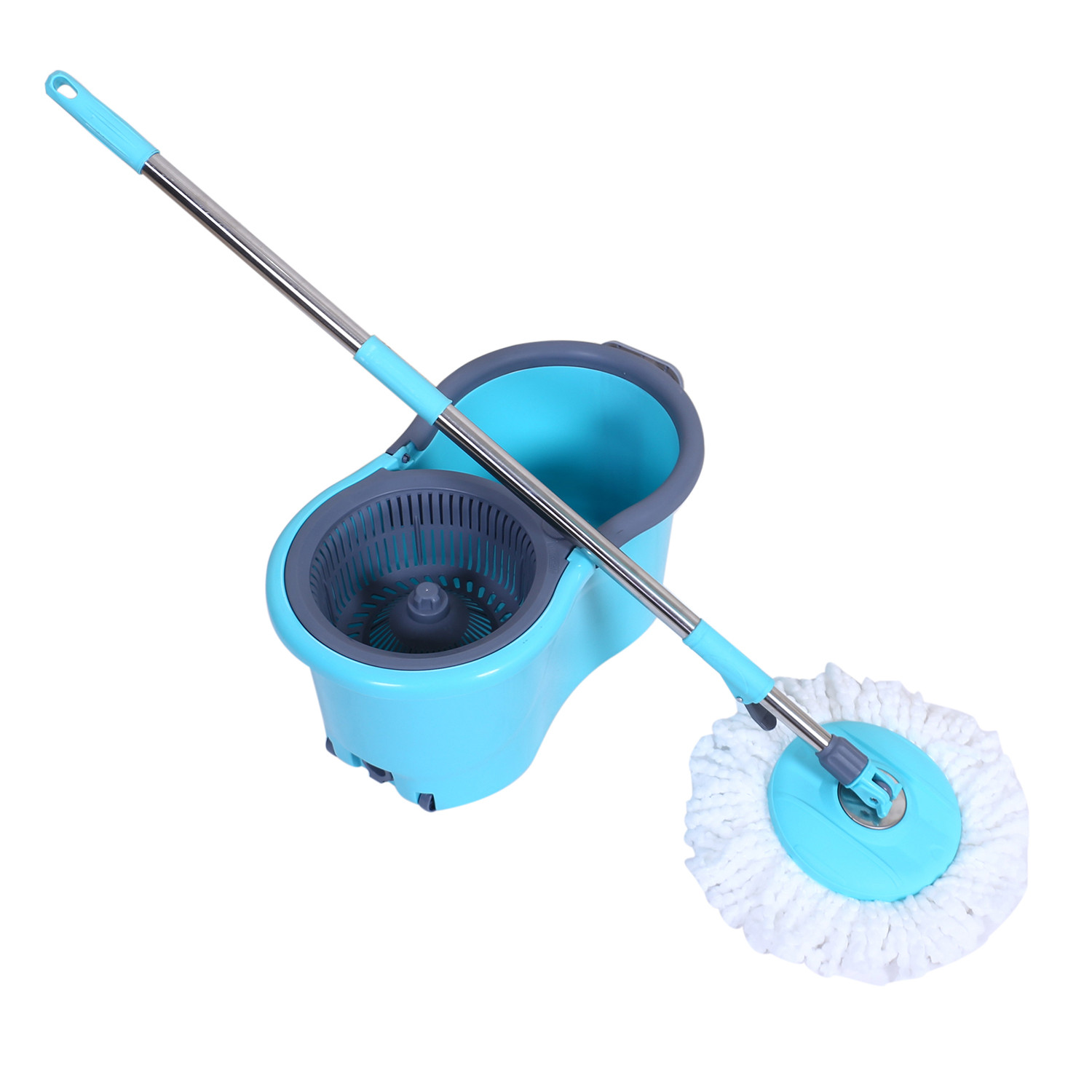 Kuber Industries Plastic Adjustable Mopping Set & 2 Microfiber Head Refill With Wheels Bucket And Auto Fold Handle For Floor Cleaning (Blue)