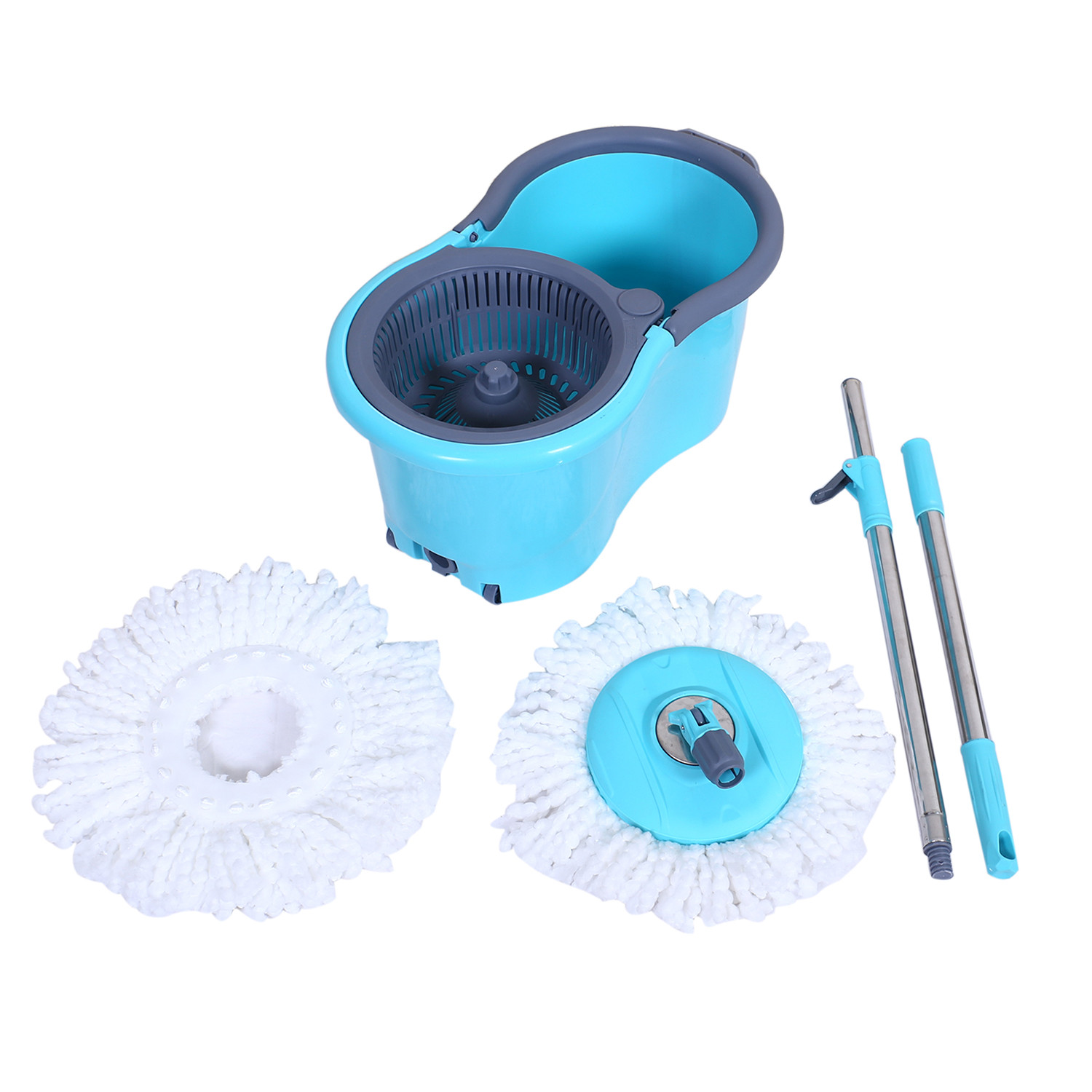 Kuber Industries Plastic Adjustable Mopping Set & 2 Microfiber Head Refill With Wheels Bucket And Auto Fold Handle For Floor Cleaning (Blue)