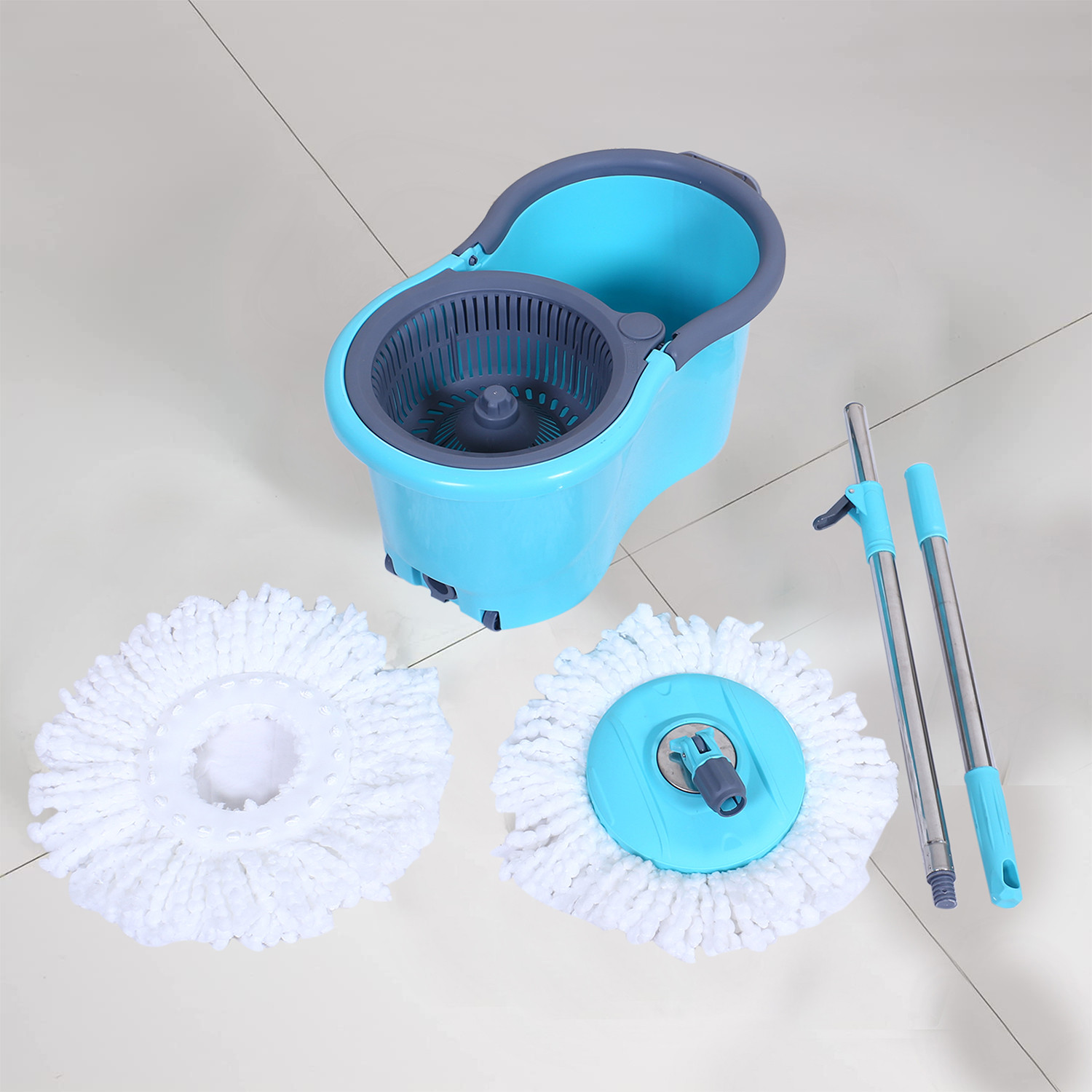 Kuber Industries Plastic Adjustable Mopping Set & 2 Microfiber Head Refill With Wheels Bucket And Auto Fold Handle For Floor Cleaning (Blue)