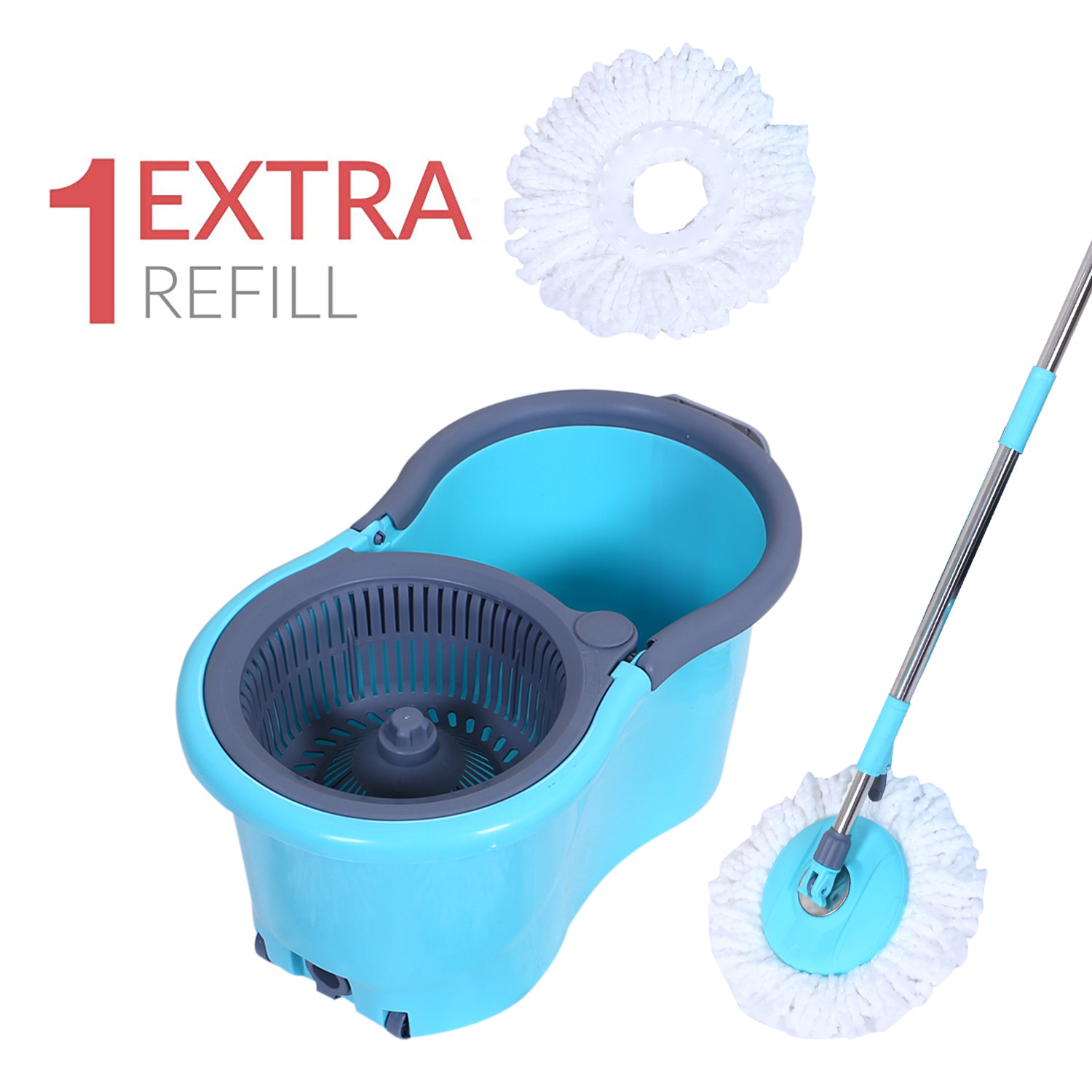 Kuber Industries Plastic Adjustable Mopping Set & 2 Microfiber Head Refill With Wheels Bucket And Auto Fold Handle For Floor Cleaning (Blue)