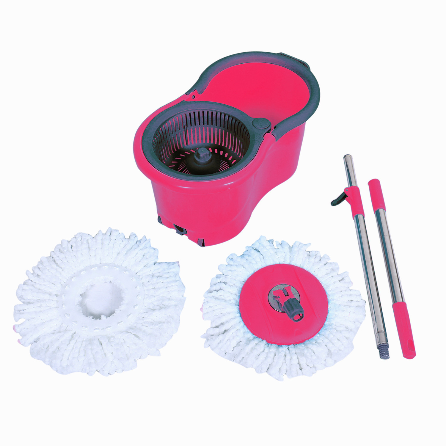Kuber Industries Plastic Adjustable Mopping Set & 2 Microfiber Head Refill With Wheels Bucket And Auto Fold Handle For Floor Cleaning (Pink)