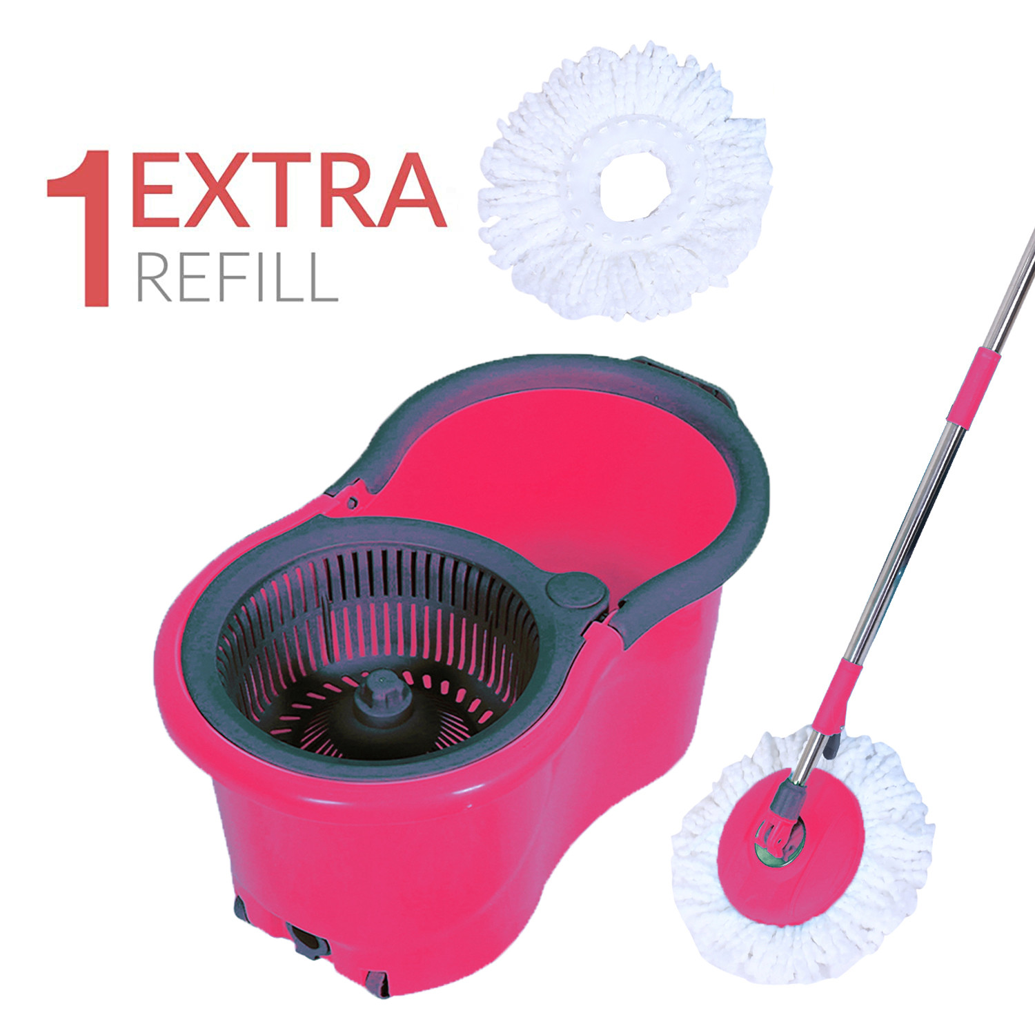 Kuber Industries Plastic Adjustable Mopping Set & 2 Microfiber Head Refill With Wheels Bucket And Auto Fold Handle For Floor Cleaning (Pink)