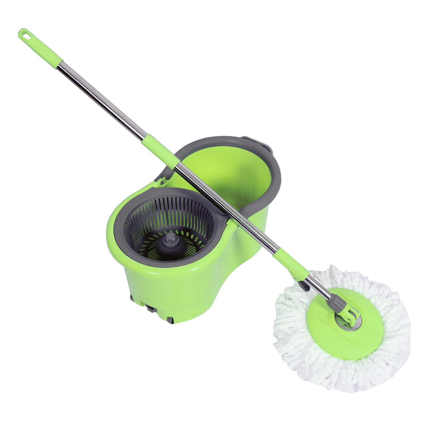 Kuber Industries Plastic Adjustable Mopping Set & 2 Microfiber Head Refill With Wheels Bucket And Auto Fold Handle For Floor Cleaning (Green)