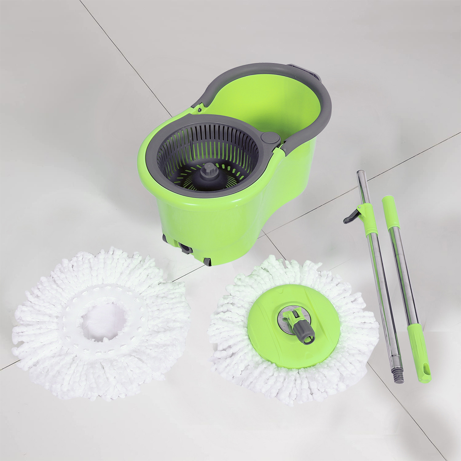 Kuber Industries Plastic Adjustable Mopping Set & 2 Microfiber Head Refill With Wheels Bucket And Auto Fold Handle For Floor Cleaning (Green)