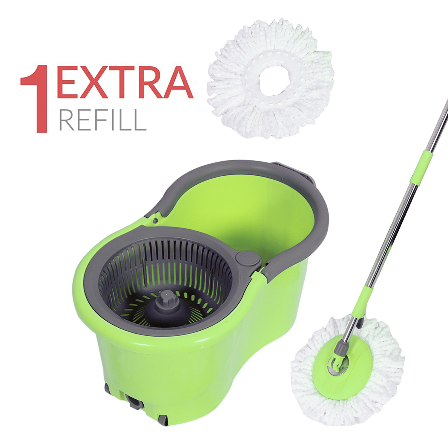 Kuber Industries Plastic Adjustable Mopping Set & 2 Microfiber Head Refill With Wheels Bucket And Auto Fold Handle For Floor Cleaning (Green)