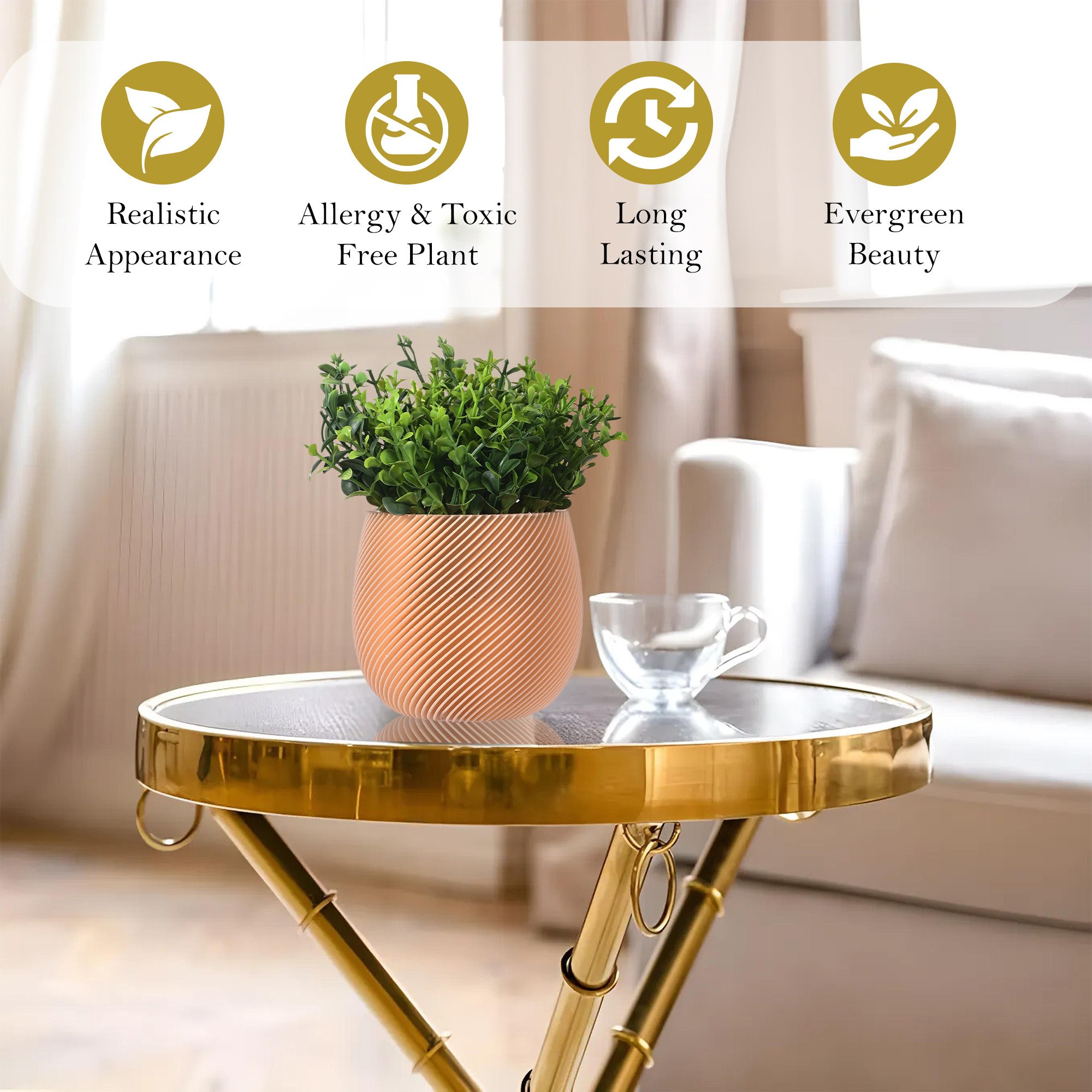 Kuber Industries Plastic Artificial Small Plants with Pot  Decorative Flower Pots for Living Room  Indoor Plants for Home Decor Office Desk Shelf and Table  4001 Wineskin - Gold