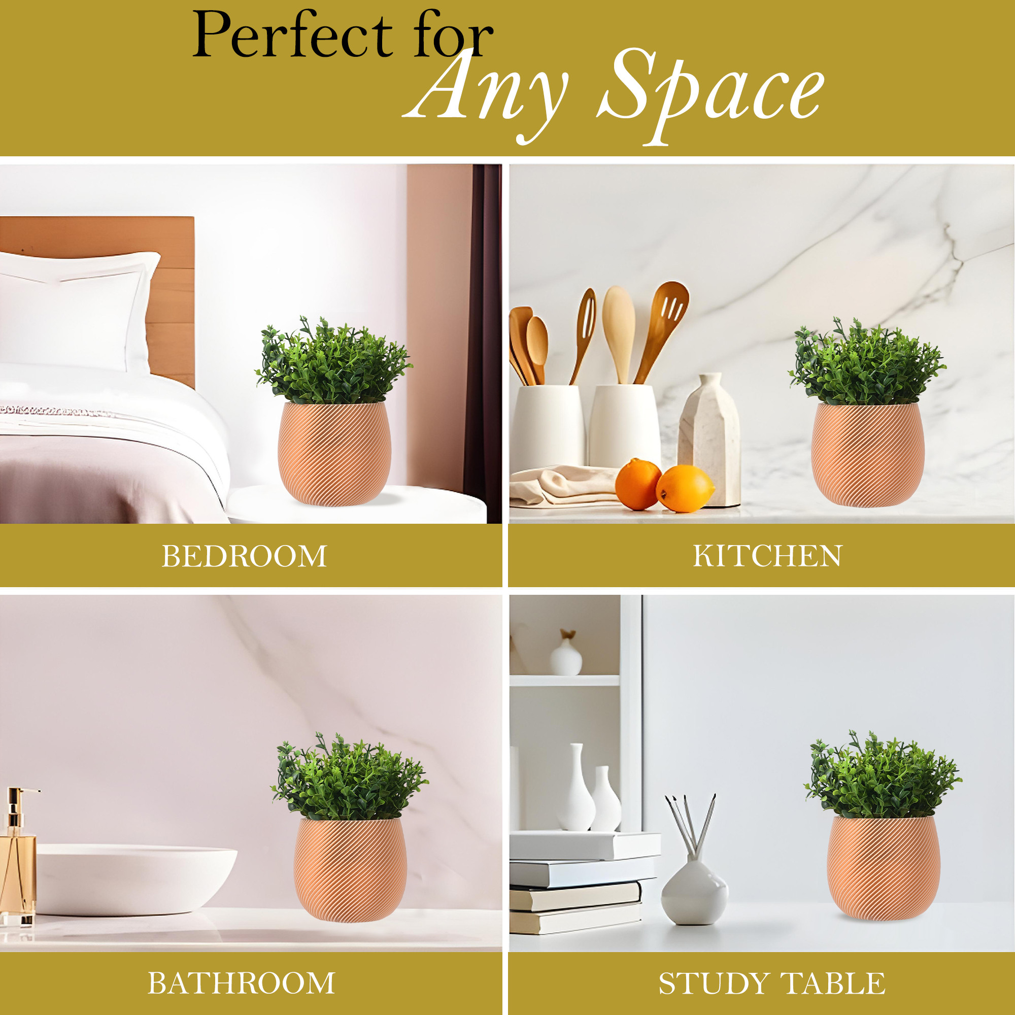 Kuber Industries Plastic Artificial Small Plants with Pot  Decorative Flower Pots for Living Room  Indoor Plants for Home Decor Office Desk Shelf and Table  4001 Wineskin - Gold