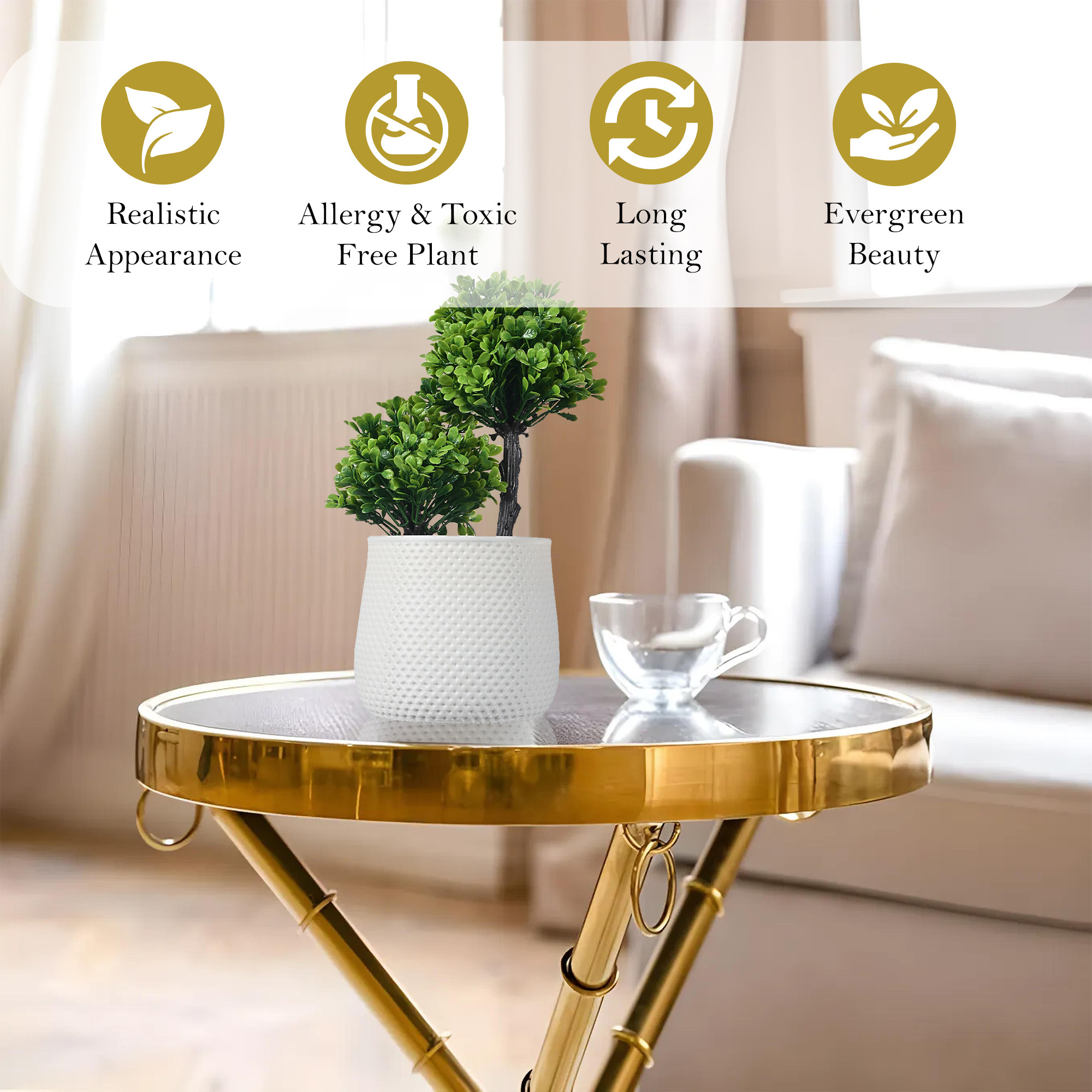 Kuber Industries Plastic Artificial Small Plants with Pot  Decorative Flower Pots for Living Room  Indoor Plants for Home Decor Office Desk Shelf and Table  Vase 11 - White