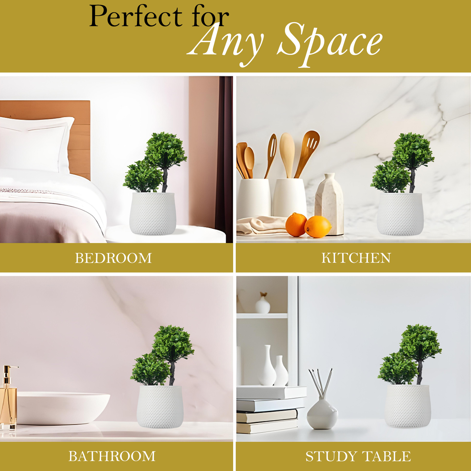 Kuber Industries Plastic Artificial Small Plants with Pot  Decorative Flower Pots for Living Room  Indoor Plants for Home Decor Office Desk Shelf and Table  Vase 11 - White