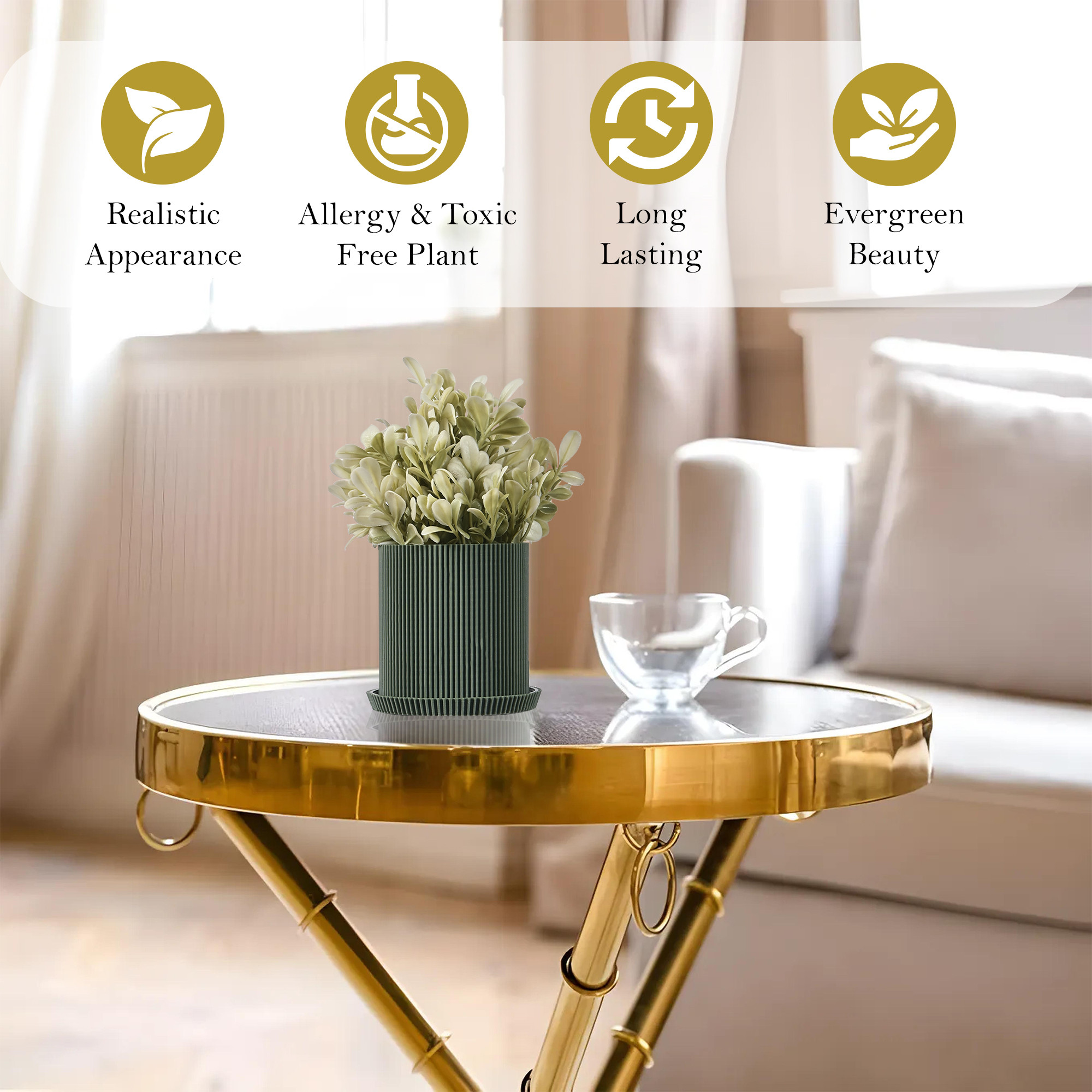 Kuber Industries Plastic Artificial Small Plants with Pot  Decorative Flower Pots for Living Room  Indoor Plants for Home Decor Office Desk Shelf and Table  Leg Plant - Green