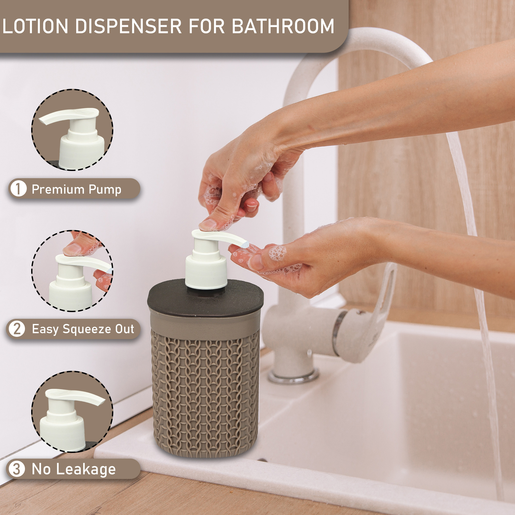 Kuber Industries Plastic Bathroom Accessories Set of 3  Paste and Tooth Brush Holder Bathroom Organiser with Tumbler  Liquid Soap Handwash Dispenser Bottle for Wash Basin  Beige