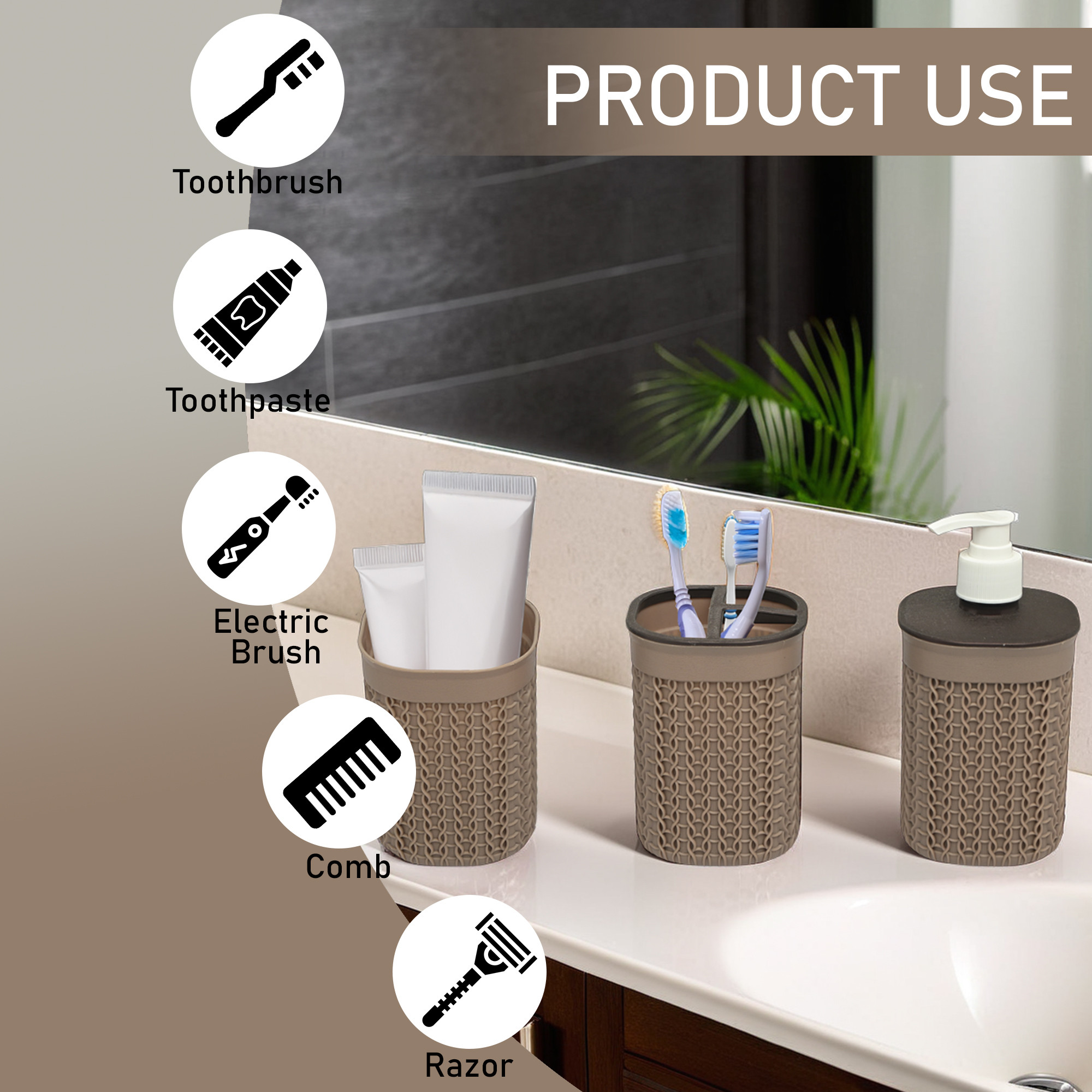 Kuber Industries Plastic Bathroom Accessories Set of 3  Paste and Tooth Brush Holder Bathroom Organiser with Tumbler  Liquid Soap Handwash Dispenser Bottle for Wash Basin  Beige