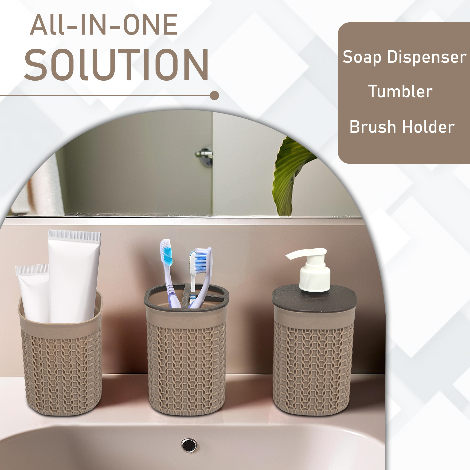 Kuber Industries Plastic Bathroom Accessories Set of 3  Paste and Tooth Brush Holder Bathroom Organiser with Tumbler  Liquid Soap Handwash Dispenser Bottle for Wash Basin  Beige