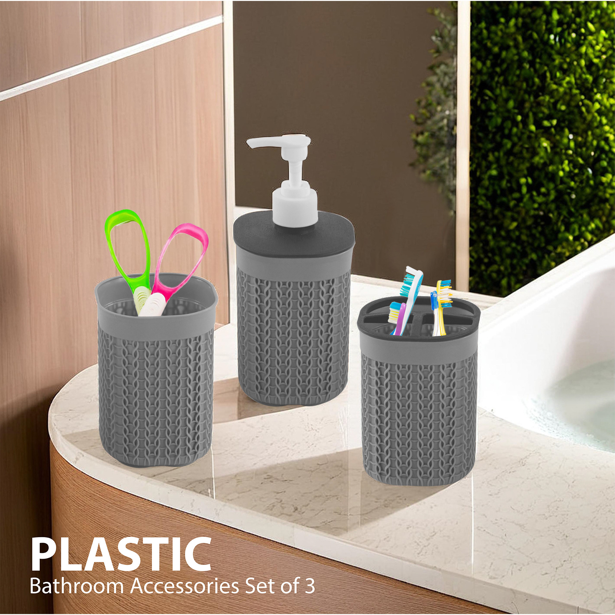 Kuber Industries Plastic Bathroom Accessories Set of 3  Toothbrush Stand for Bathroom  Handwash Dispenser Bottle for Kitchen  Brush Holder for Wash Basin  Mouth Wash Tumbler Organiser  Grey