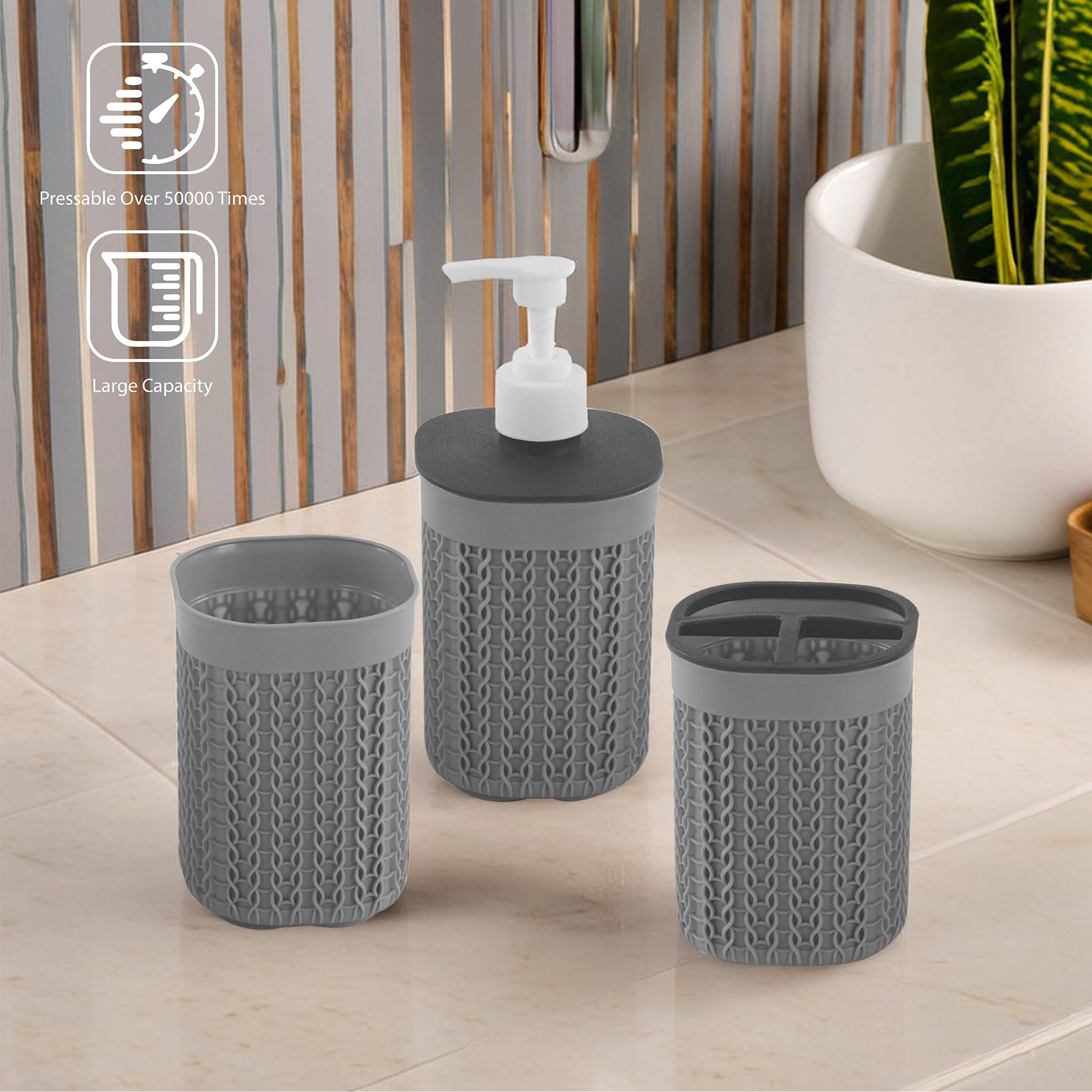 Kuber Industries Plastic Bathroom Accessories Set of 3  Toothbrush Stand for Bathroom  Handwash Dispenser Bottle for Kitchen  Brush Holder for Wash Basin  Mouth Wash Tumbler Organiser  Grey