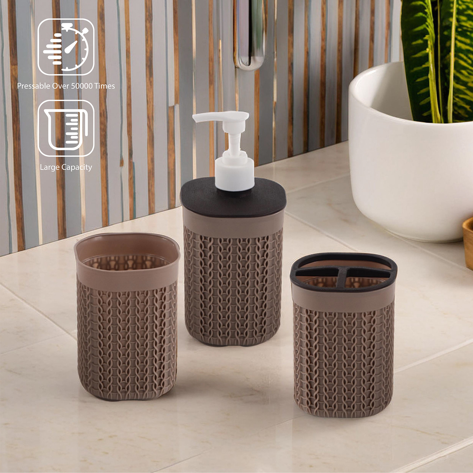 Kuber Industries Plastic Bathroom Accessories Set of 3  Toothbrush Stand for Bathroom  Handwash Dispenser Bottle for Kitchen  Brush Holder for Wash Basin  Mouth Wash Tumbler Organiser  Brown