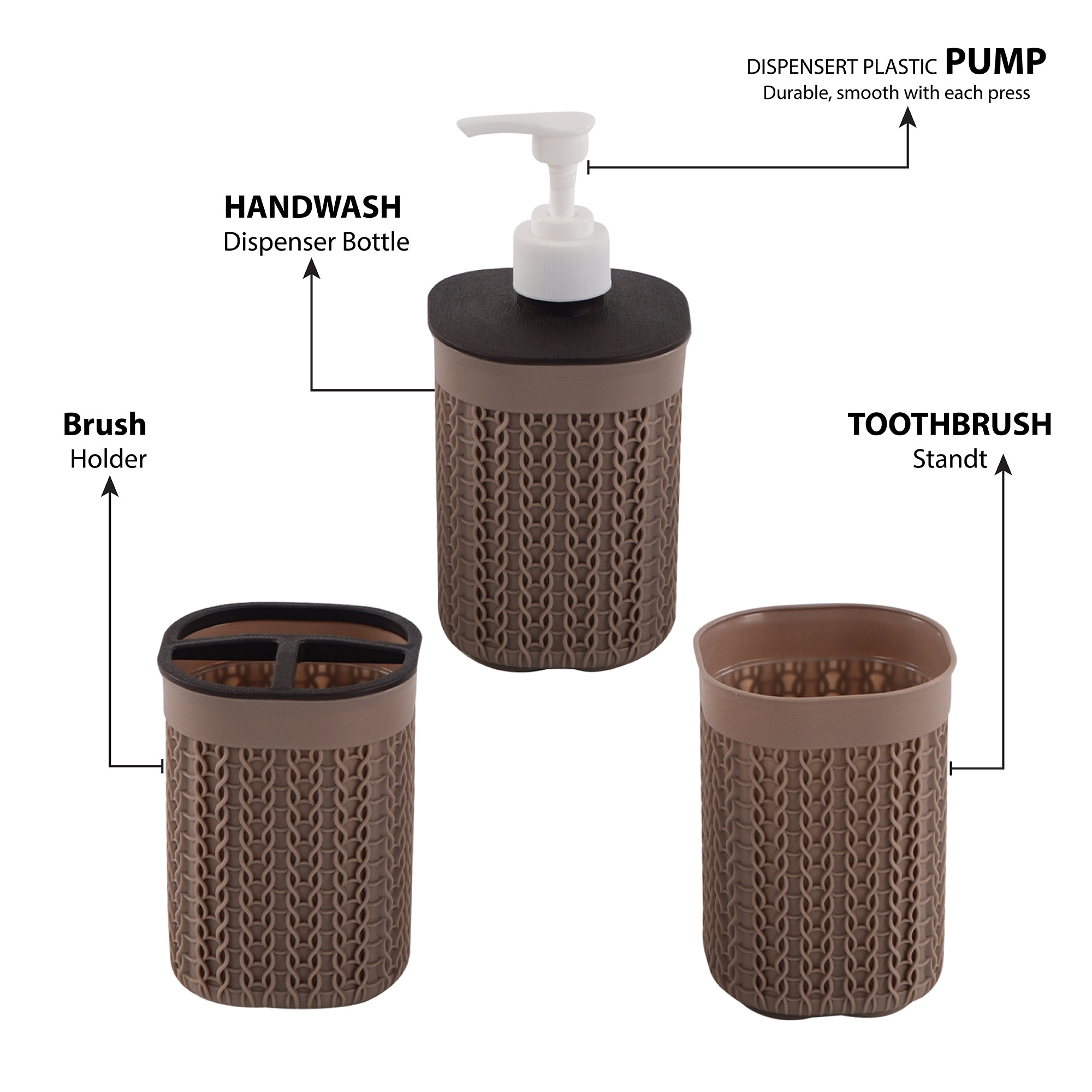 Kuber Industries Plastic Bathroom Accessories Set of 3  Toothbrush Stand for Bathroom  Handwash Dispenser Bottle for Kitchen  Brush Holder for Wash Basin  Mouth Wash Tumbler Organiser  Brown
