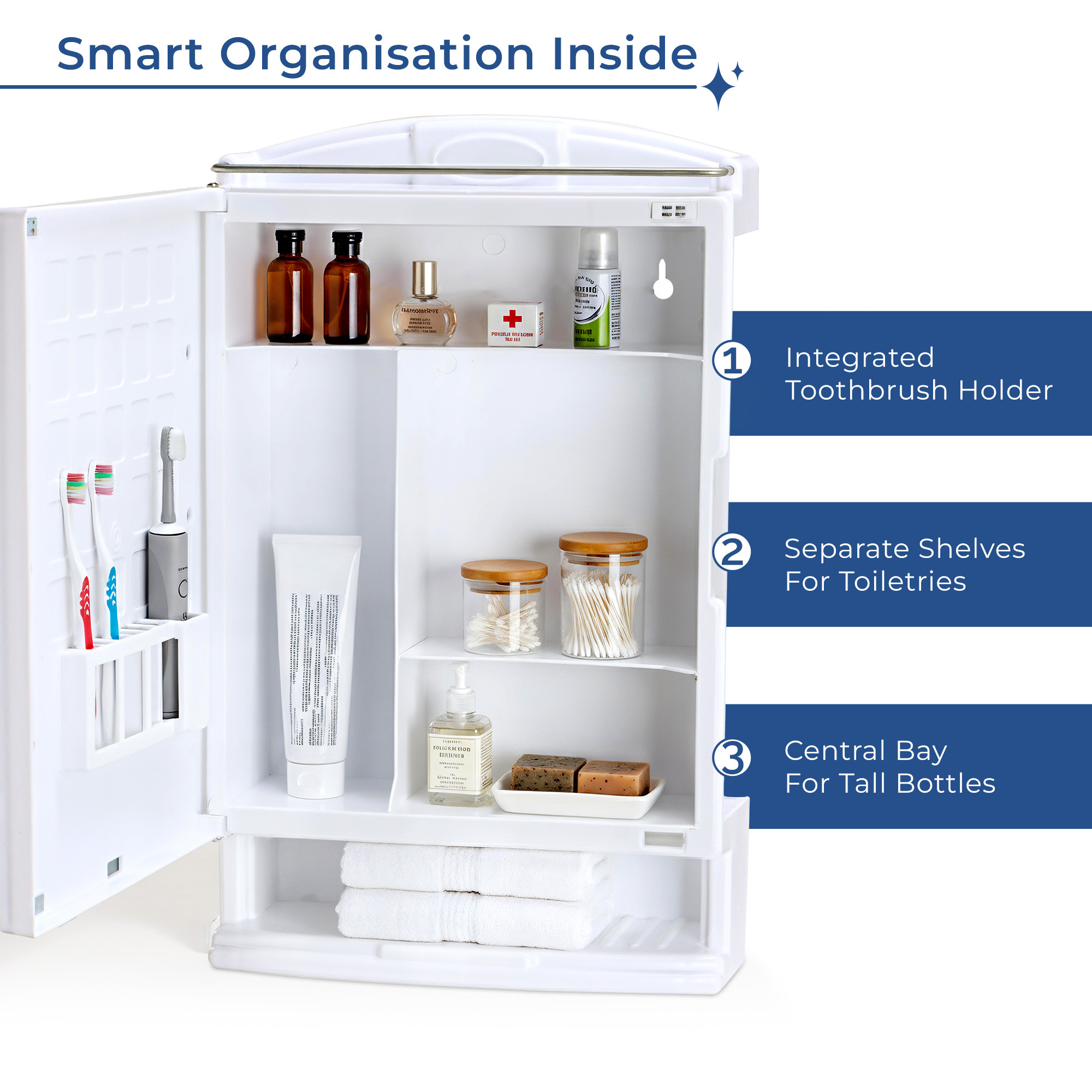 Kuber Industries Plastic Bathroom Mirror with Cabinet Storage Organiser  Multiple Compartment Washroom Shelves Wall Mounted  Ample Drawer Capacity for Personal Care Items  White