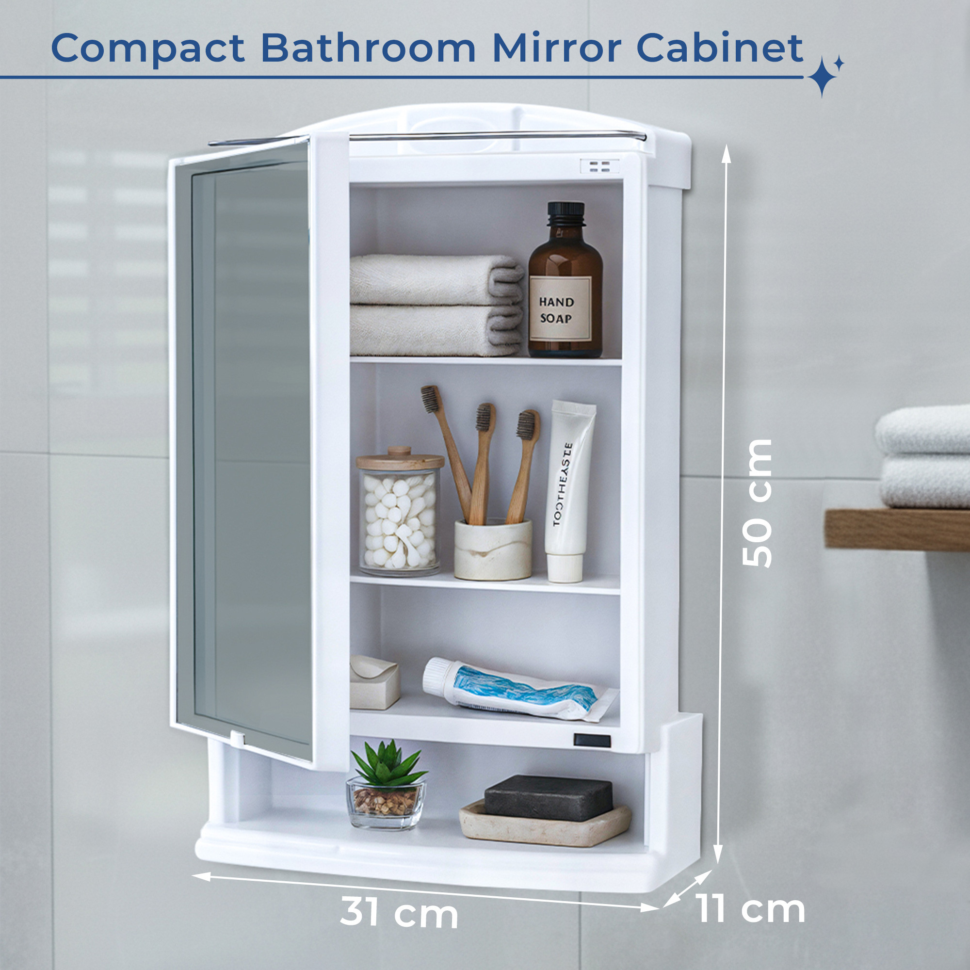 Kuber Industries Plastic Bathroom Mirror with Cabinet Storage Organiser  Multiple Compartment Washroom Shelves Wall Mounted  Ample Drawer Capacity for Personal Care Items  White