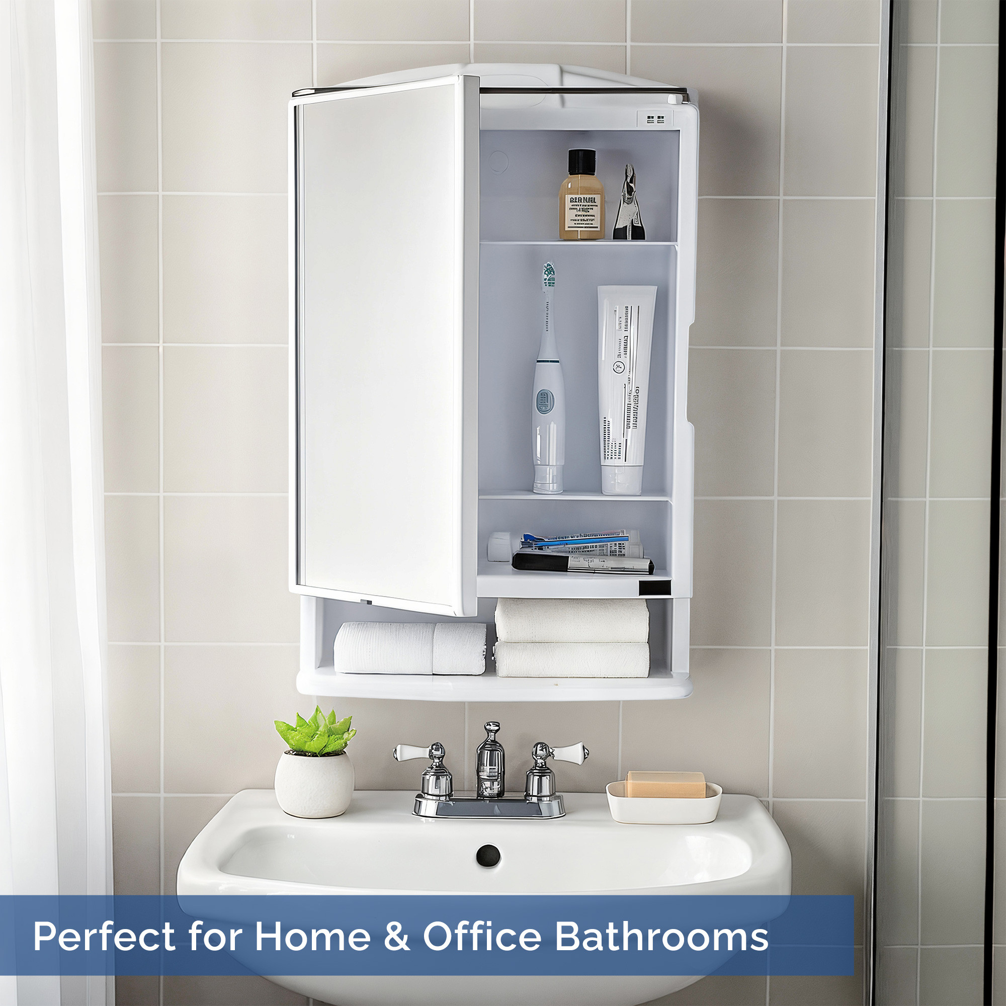 Kuber Industries Plastic Bathroom Mirror with Cabinet Storage Organiser  Multiple Compartment Washroom Shelves Wall Mounted  Ample Drawer Capacity for Personal Care Items  White