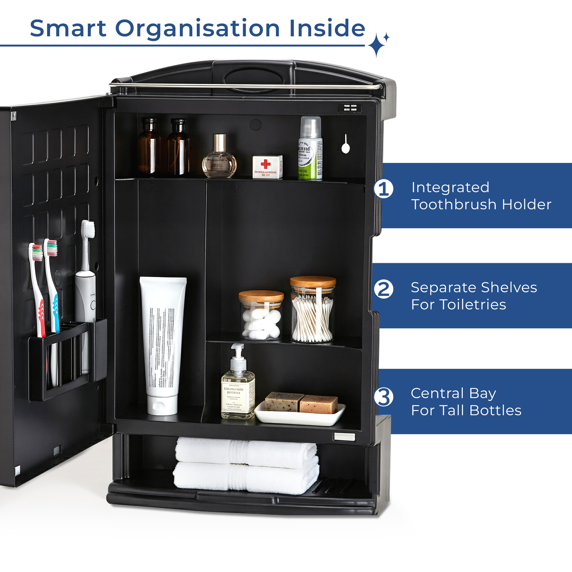 Kuber Industries Plastic Bathroom Mirror with Cabinet Storage Organiser  Multiple Compartment Washroom Shelves Wall Mounted  Ample Drawer Capacity for Personal Care Items  Black