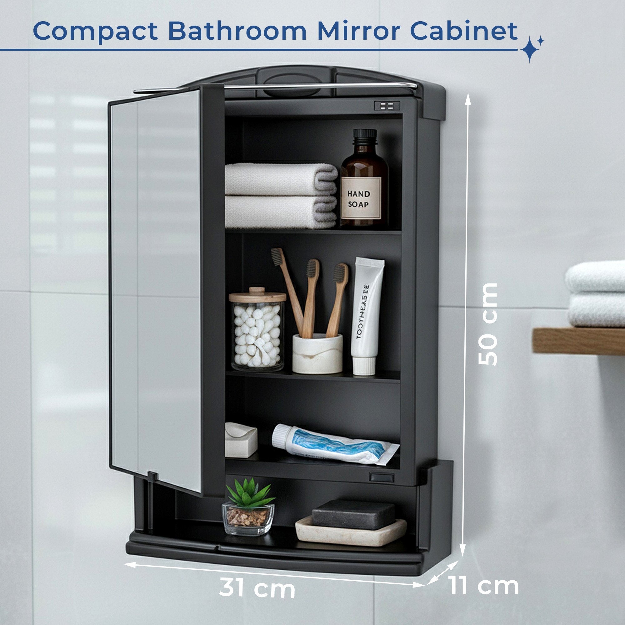 Kuber Industries Plastic Bathroom Mirror with Cabinet Storage Organiser  Multiple Compartment Washroom Shelves Wall Mounted  Ample Drawer Capacity for Personal Care Items  Black