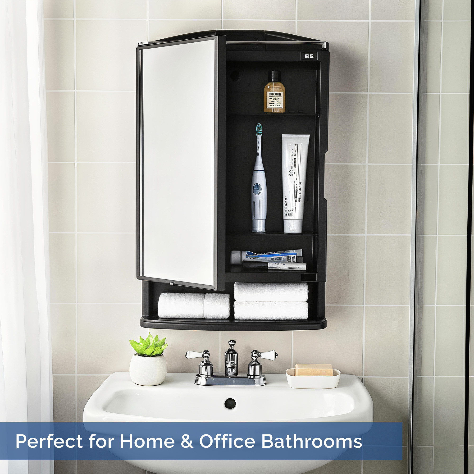 Kuber Industries Plastic Bathroom Mirror with Cabinet Storage Organiser  Multiple Compartment Washroom Shelves Wall Mounted  Ample Drawer Capacity for Personal Care Items  Black