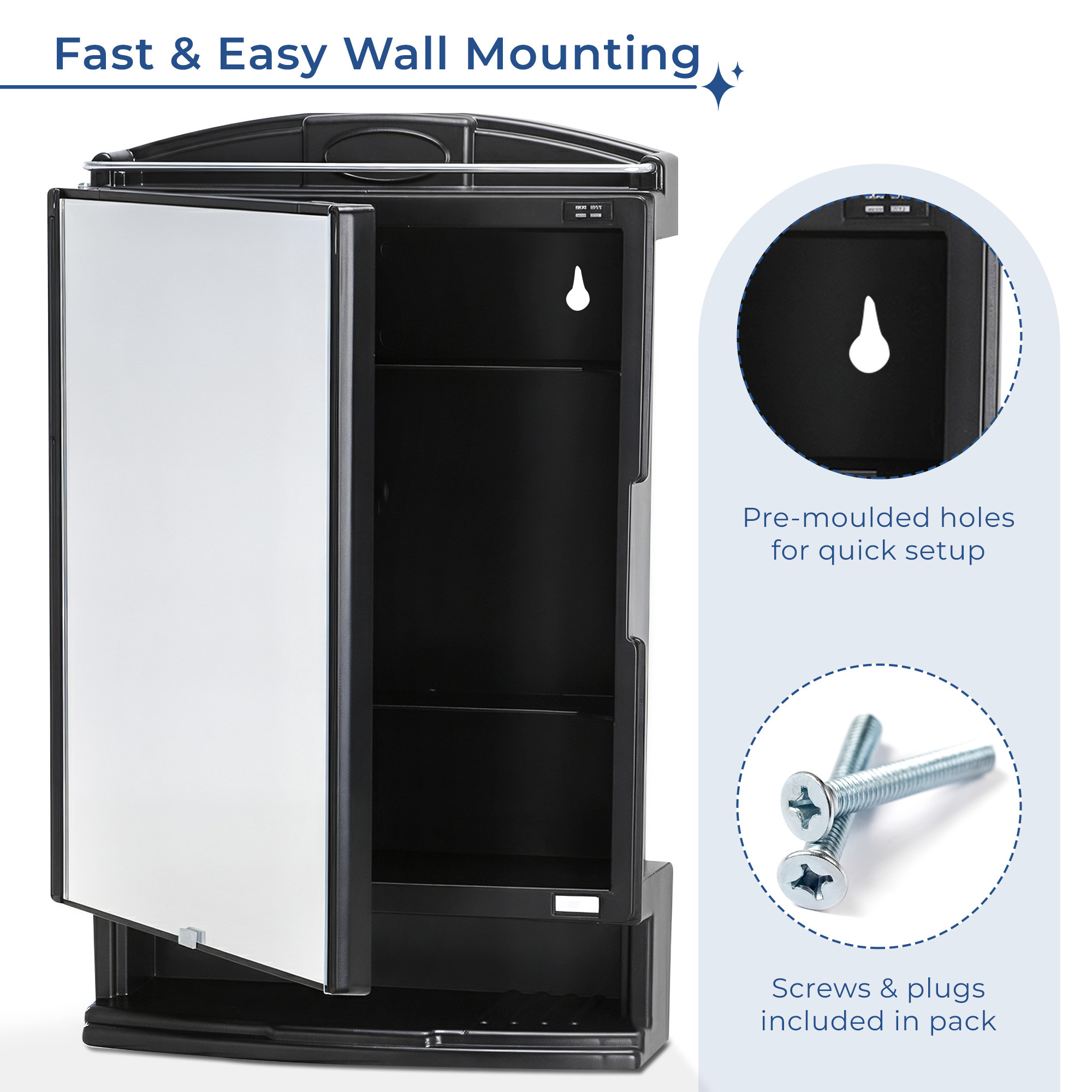 Kuber Industries Plastic Bathroom Mirror with Cabinet Storage Organiser  Multiple Compartment Washroom Shelves Wall Mounted  Ample Drawer Capacity for Personal Care Items  Black