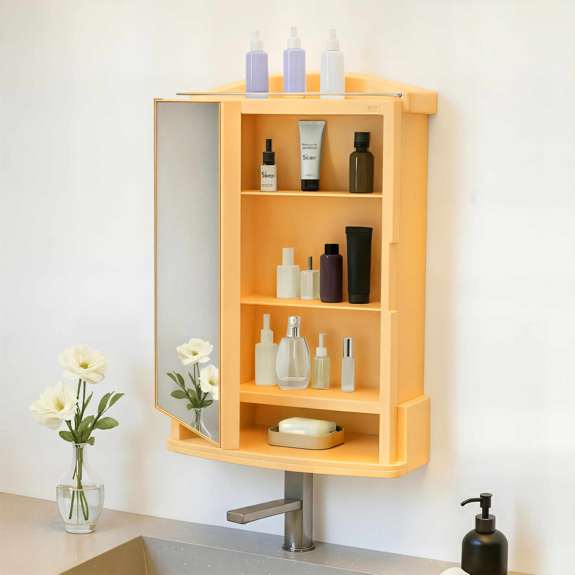 Kuber Industries Plastic Bathroom Mirror with Cabinet Storage Organiser  Multiple Compartment Washroom Shelves Wall Mounted  Ample Drawer Capacity for Personal Care Items  Gold