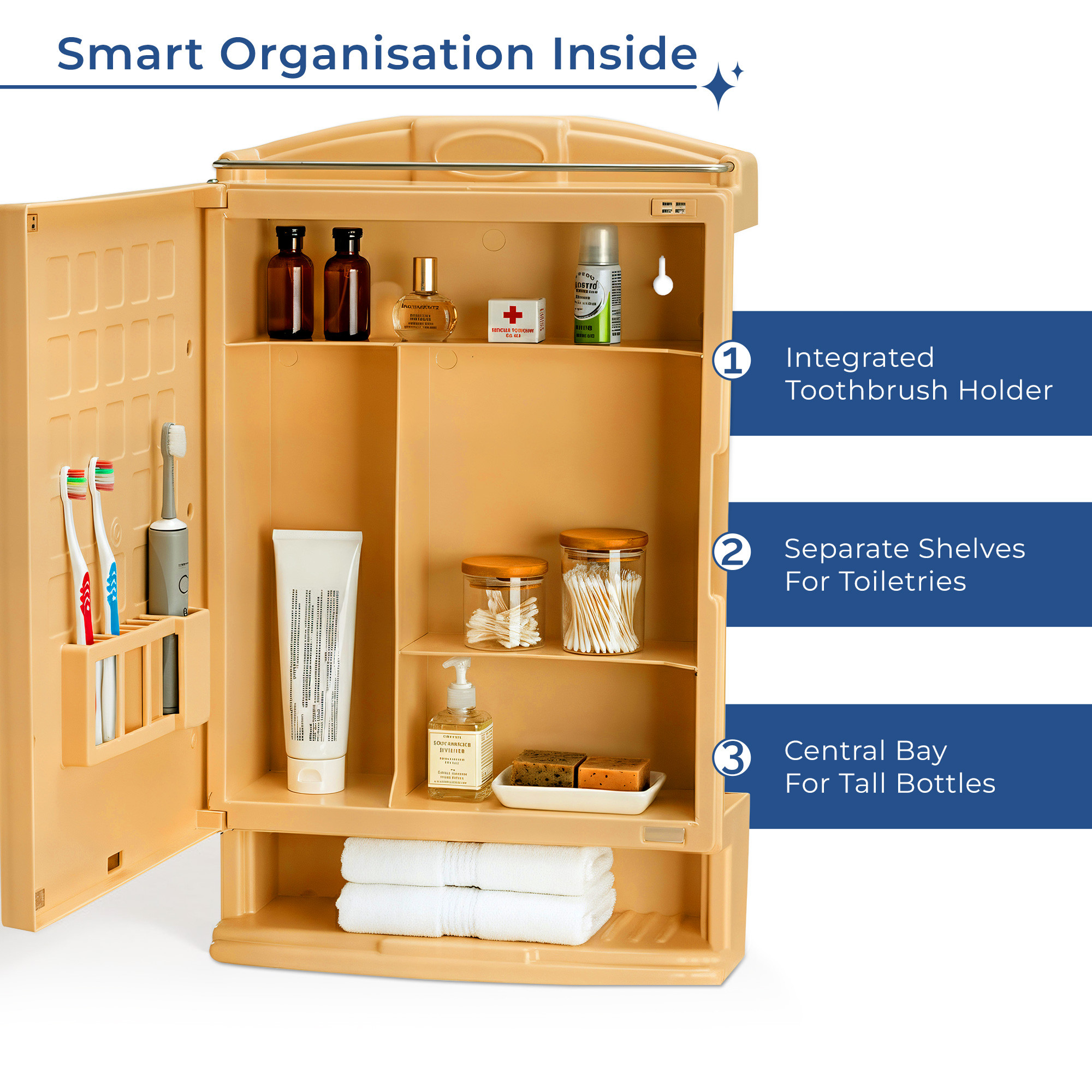 Kuber Industries Plastic Bathroom Mirror with Cabinet Storage Organiser  Multiple Compartment Washroom Shelves Wall Mounted  Ample Drawer Capacity for Personal Care Items  Gold