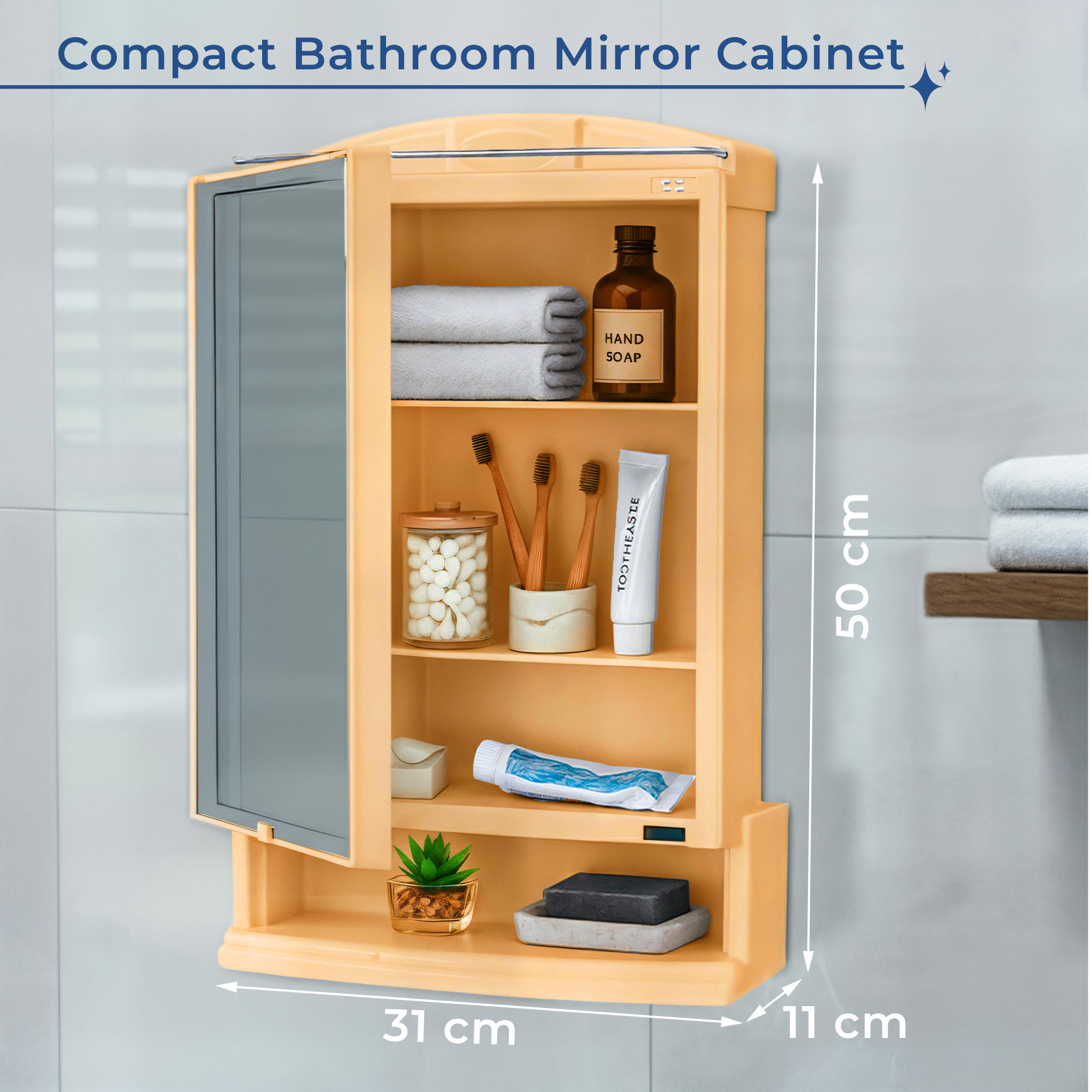 Kuber Industries Plastic Bathroom Mirror with Cabinet Storage Organiser  Multiple Compartment Washroom Shelves Wall Mounted  Ample Drawer Capacity for Personal Care Items  Gold