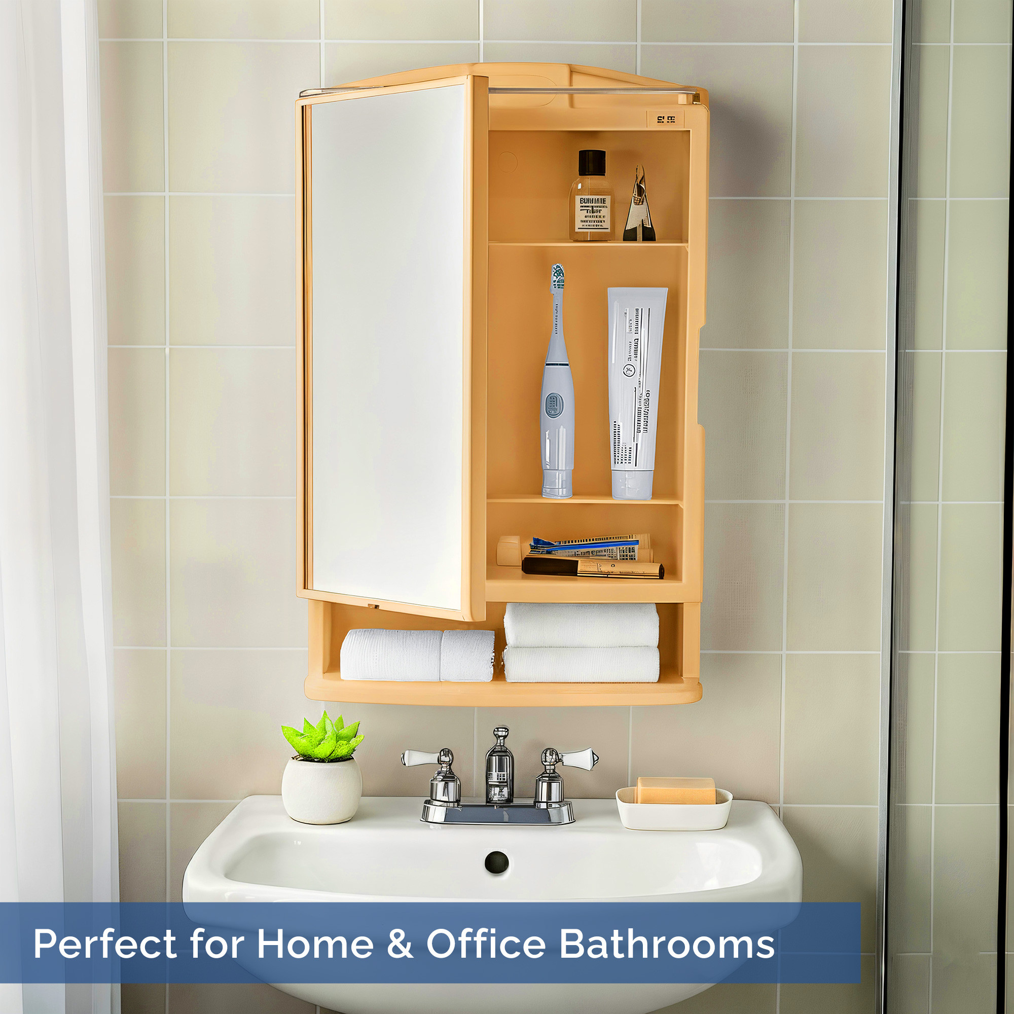 Kuber Industries Plastic Bathroom Mirror with Cabinet Storage Organiser  Multiple Compartment Washroom Shelves Wall Mounted  Ample Drawer Capacity for Personal Care Items  Gold