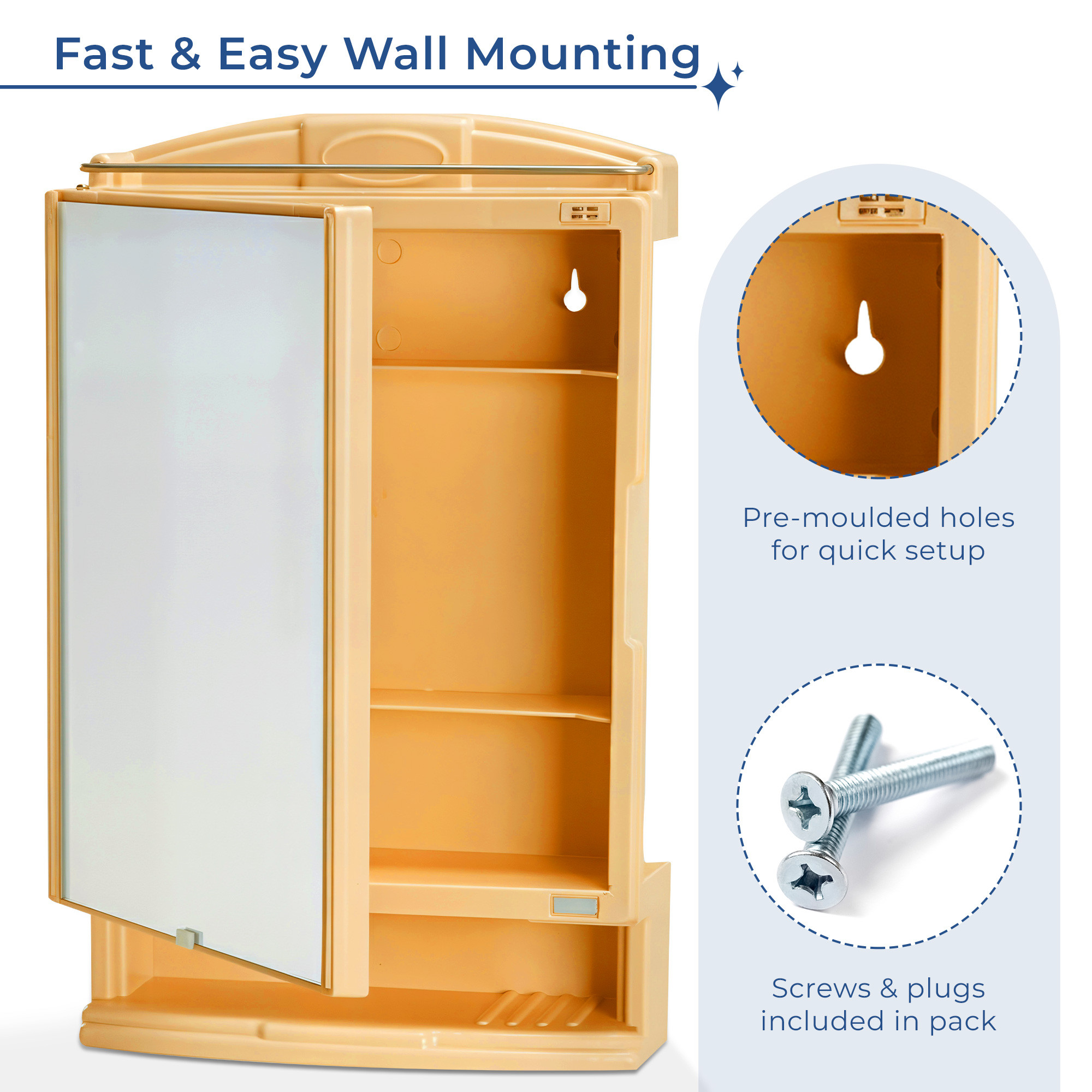 Kuber Industries Plastic Bathroom Mirror with Cabinet Storage Organiser  Multiple Compartment Washroom Shelves Wall Mounted  Ample Drawer Capacity for Personal Care Items  Gold